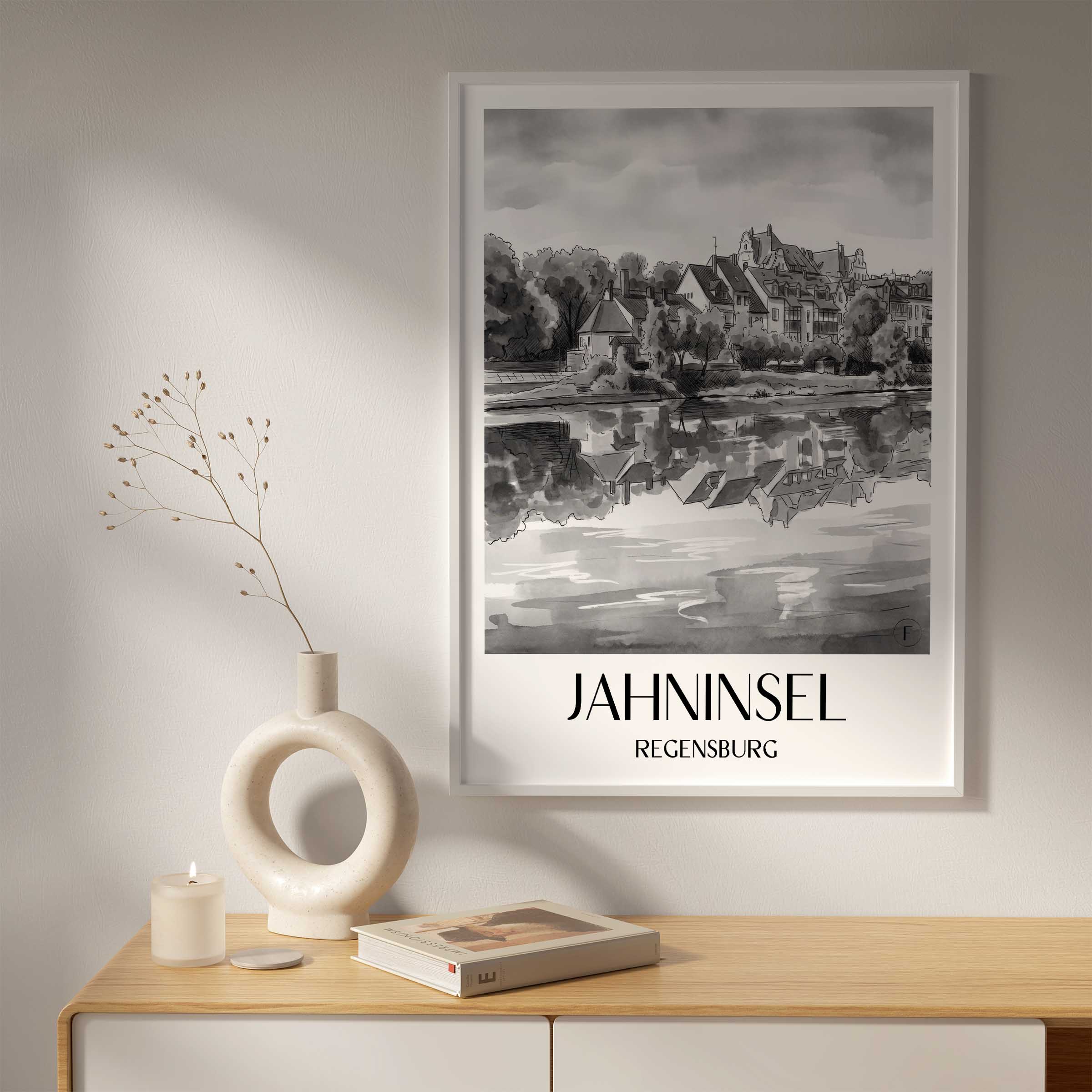 jahninsel-regensburg-deutschland-poster-aquarell-schwarz-weiss