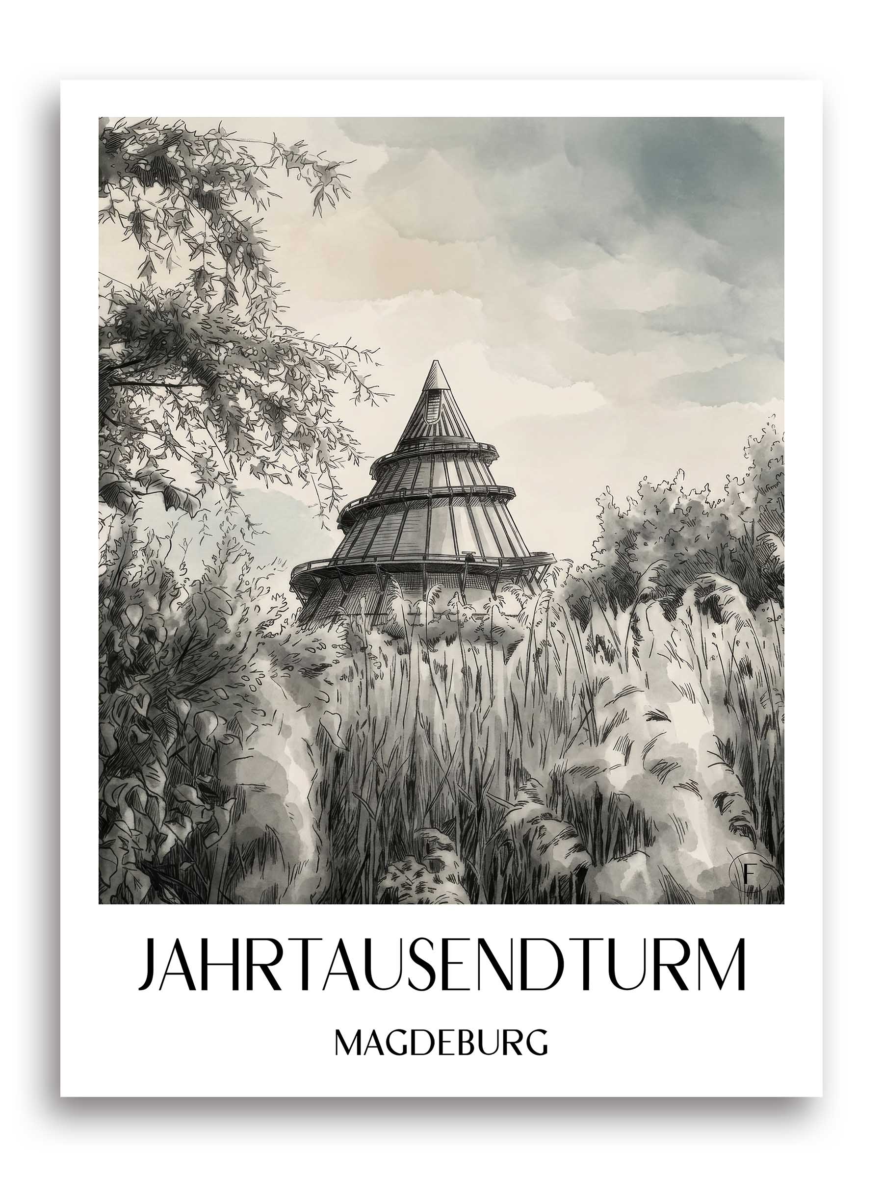jahrtausendturm-magdeburg-deutschland-poster-aquarell-schwarz-weiss