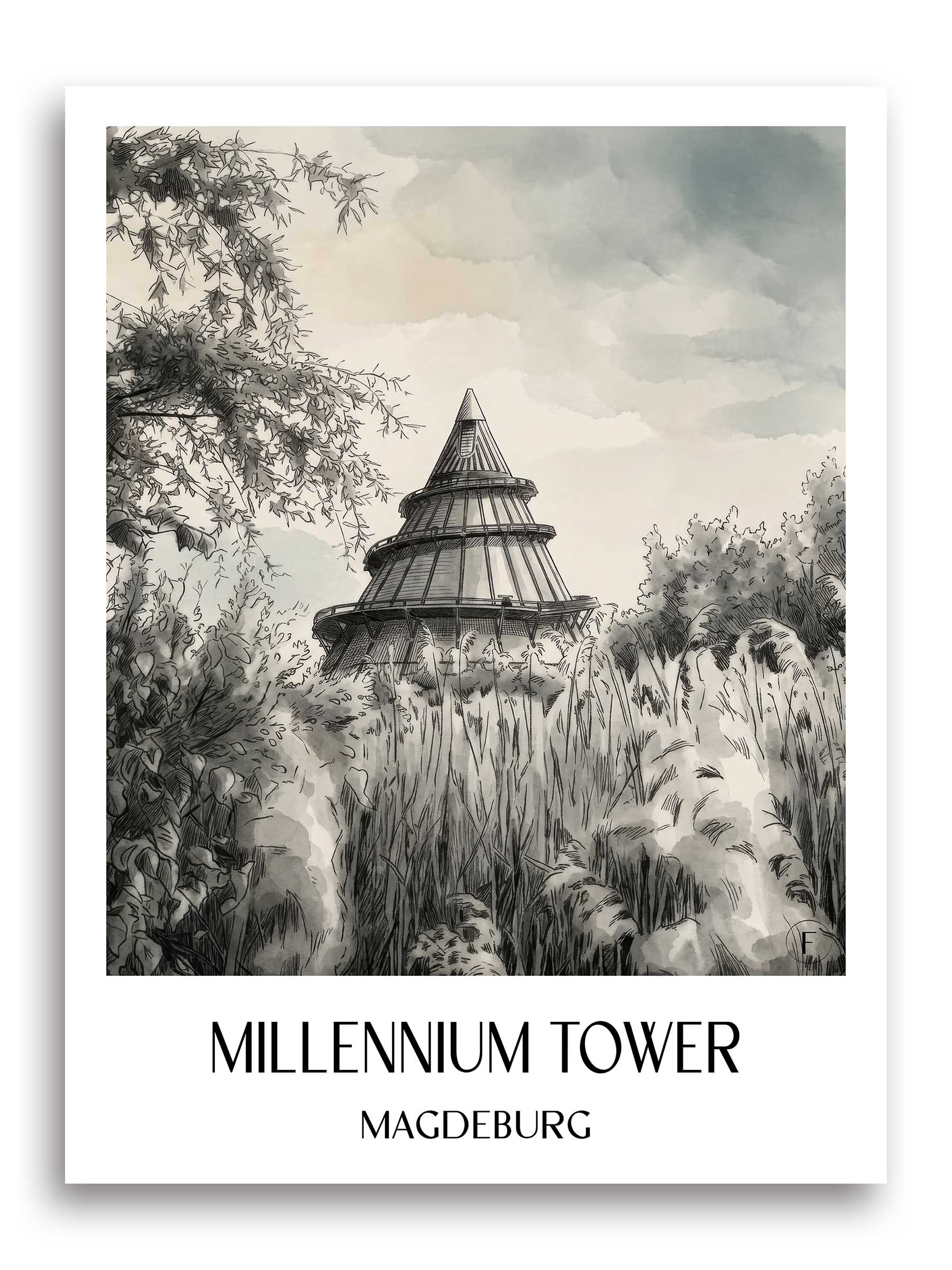 Jahrtausendturm Poster - Magdeburg - Deutschland Kunstdruck - Aquarell Schwarz-Weiß von A4 bis A1 - favplace