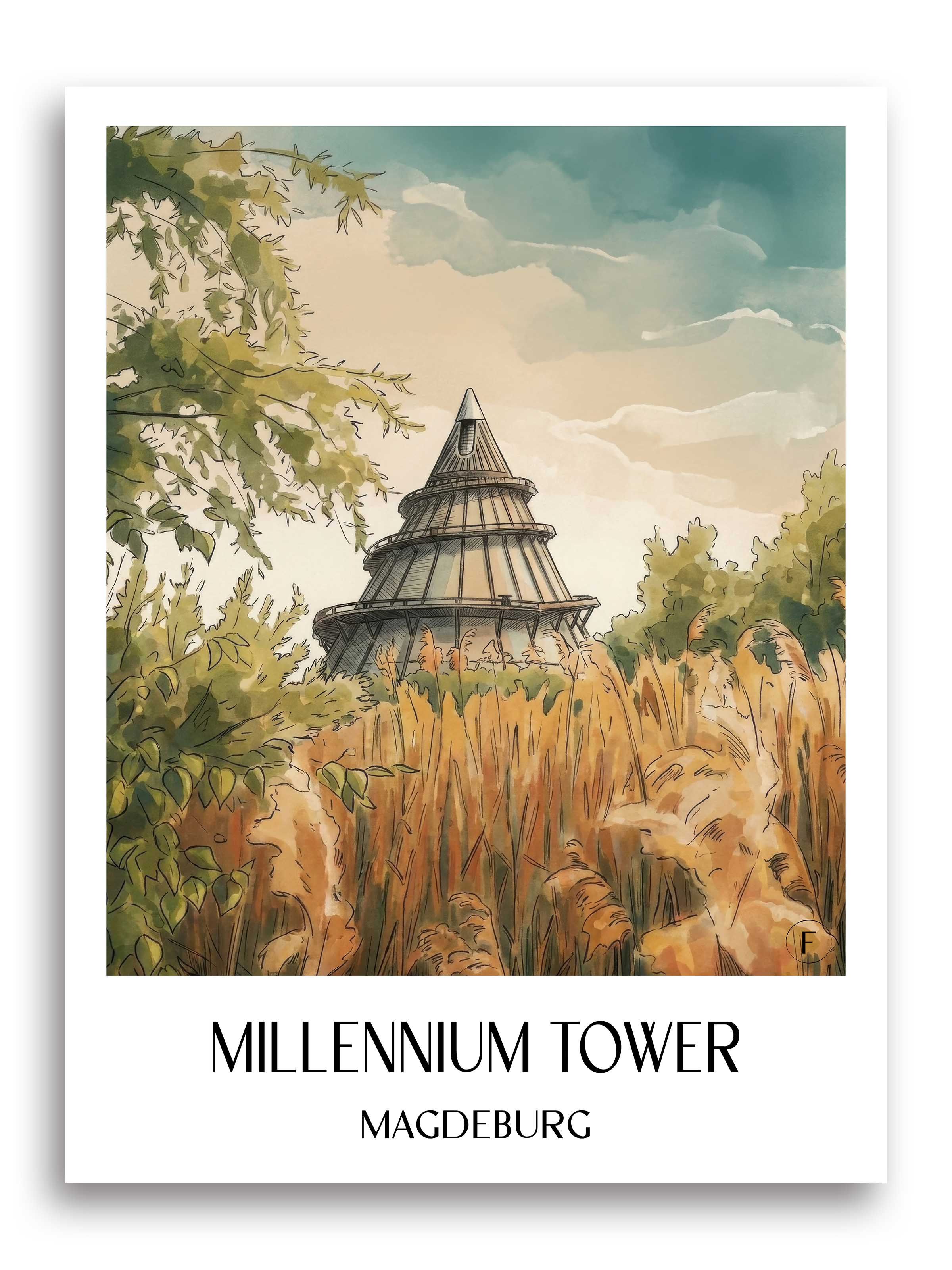 Jahrtausendturm Poster - Magdeburg - Deutschland Kunstdruck - Aquarell von A4 bis A1 - favplace