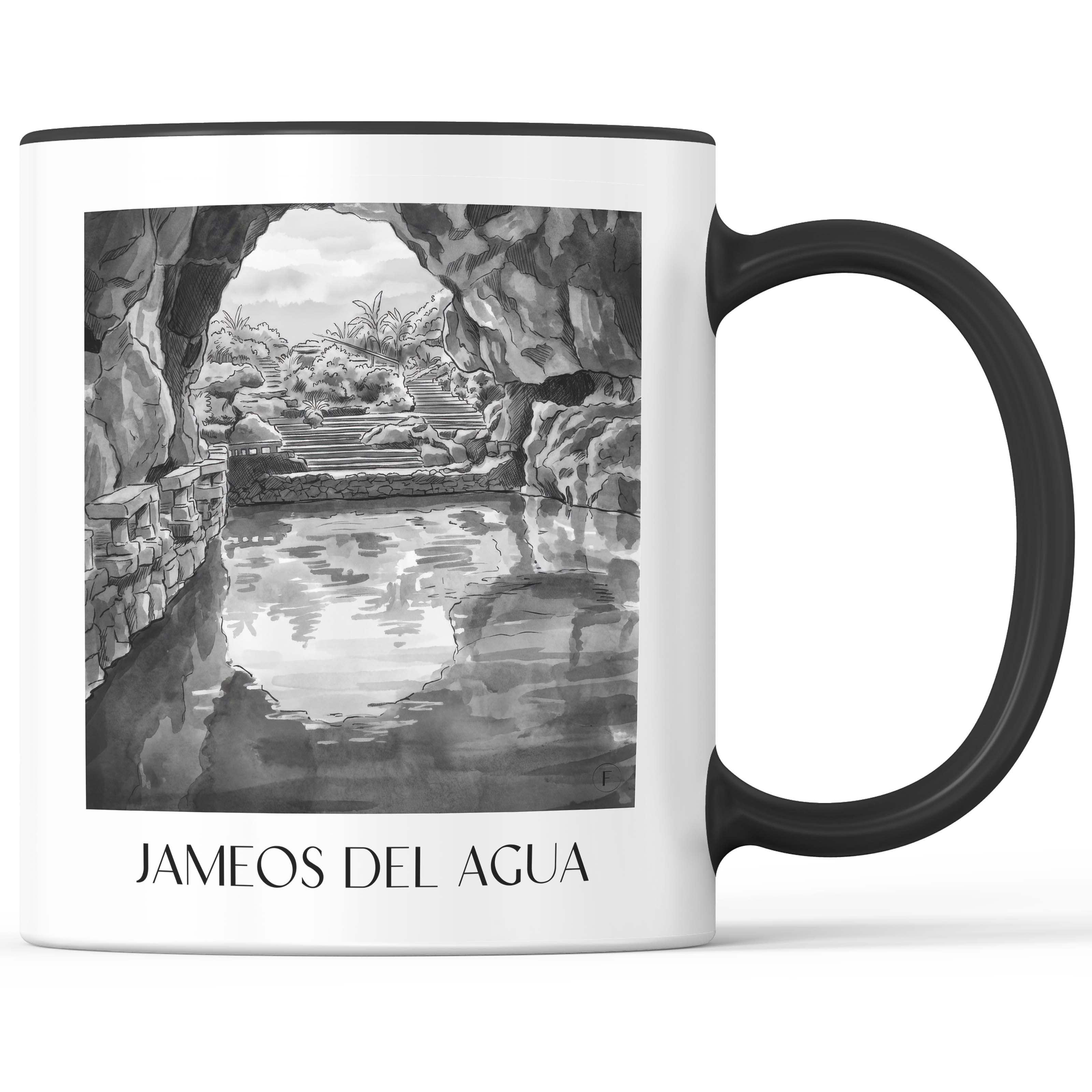 jameos-del-agua-lanzarote-spanien-kaffeebecher-aquarell-schwarz-weiss