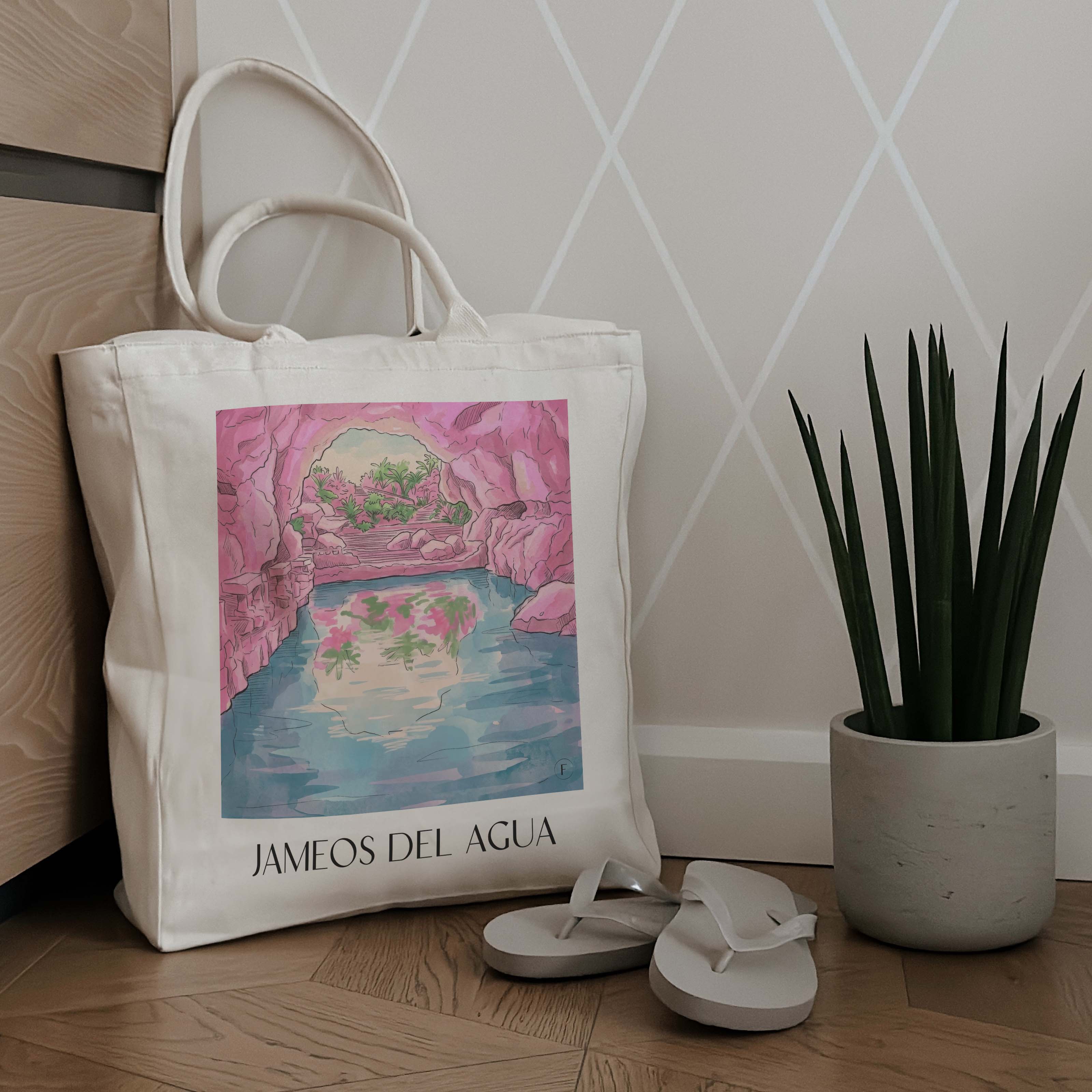 jameos-del-agua-lanzarote-spanien-einkaufstasche-aquarell-pink-rosa