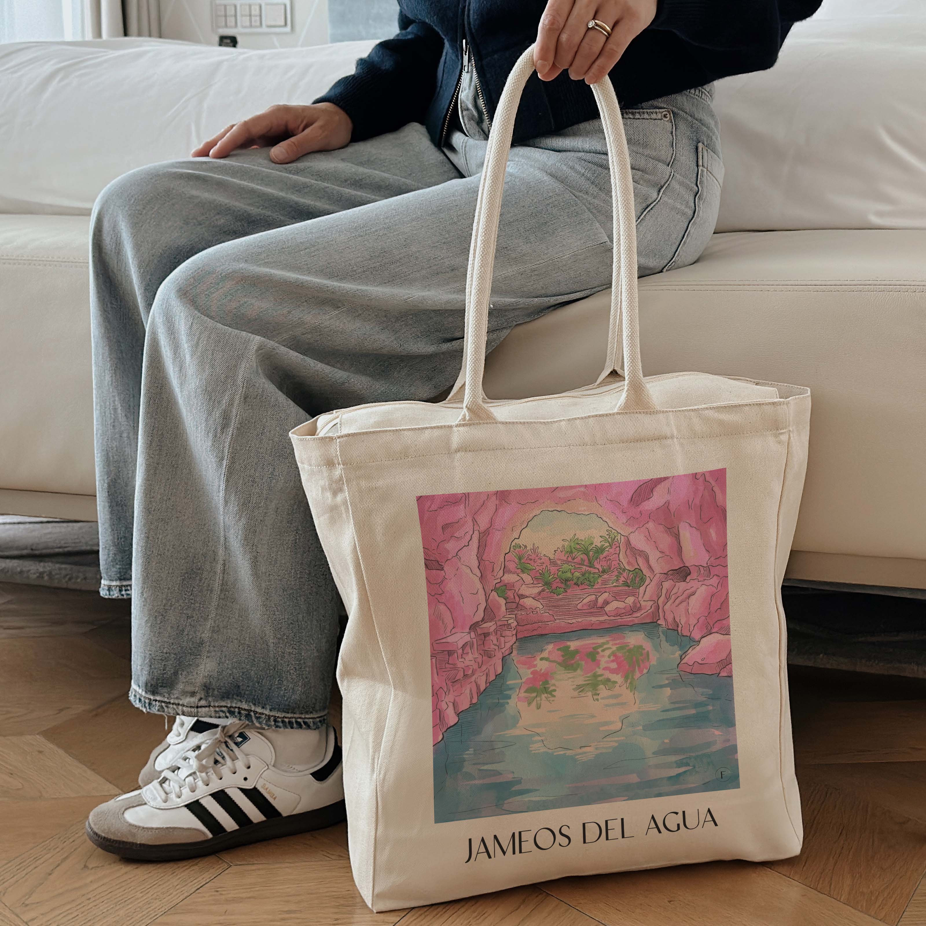 jameos-del-agua-lanzarote-spanien-einkaufstasche-aquarell-pink-rosa