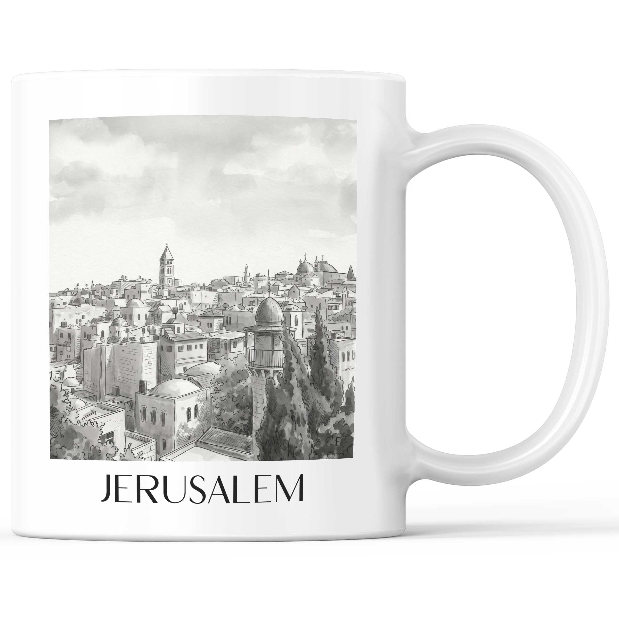 Jerusalem - Israel Becher - Kaffeetasse im Aquarell Schwarz-Weiß Stil - favplace