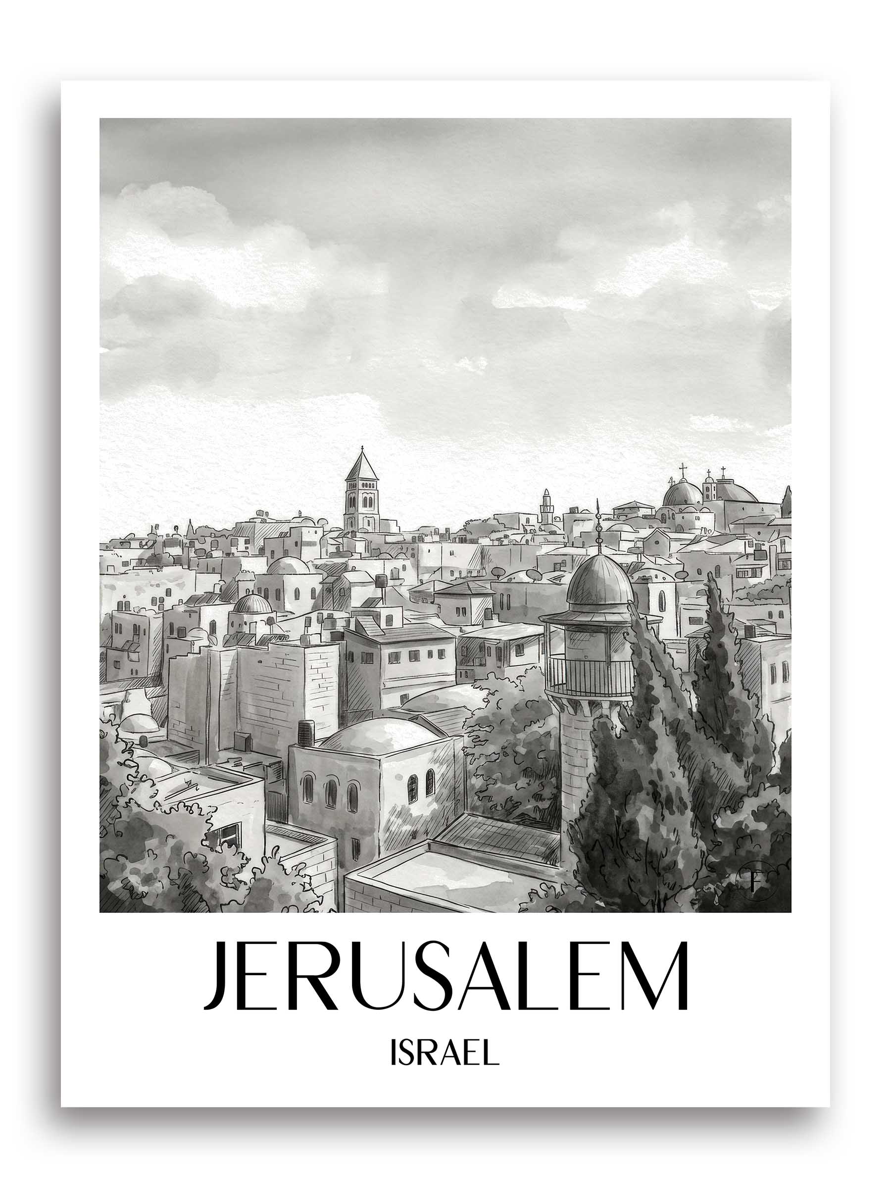 Jerusalem Poster - - Israel Kunstdruck - Aquarell Schwarz-Weiß von A4 bis A1 - favplace