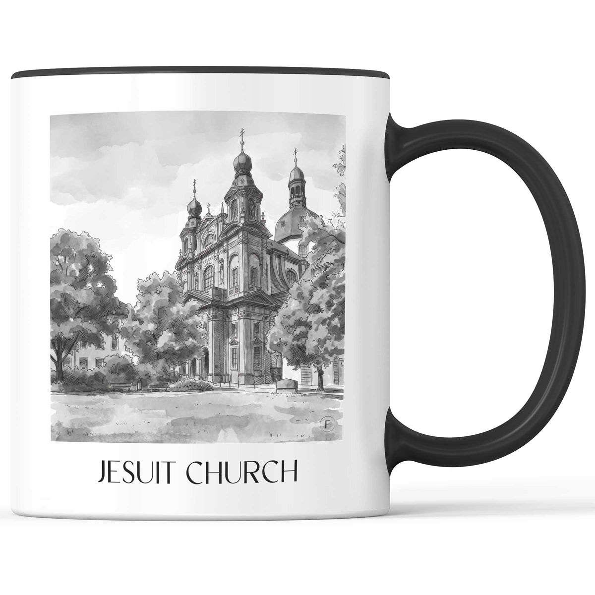 Jesuitenkirche Kaffeebecher - Mannheim - Deutschland Becher - Kaffeetasse im Aquarell Schwarz-Weiß Stil - favplace