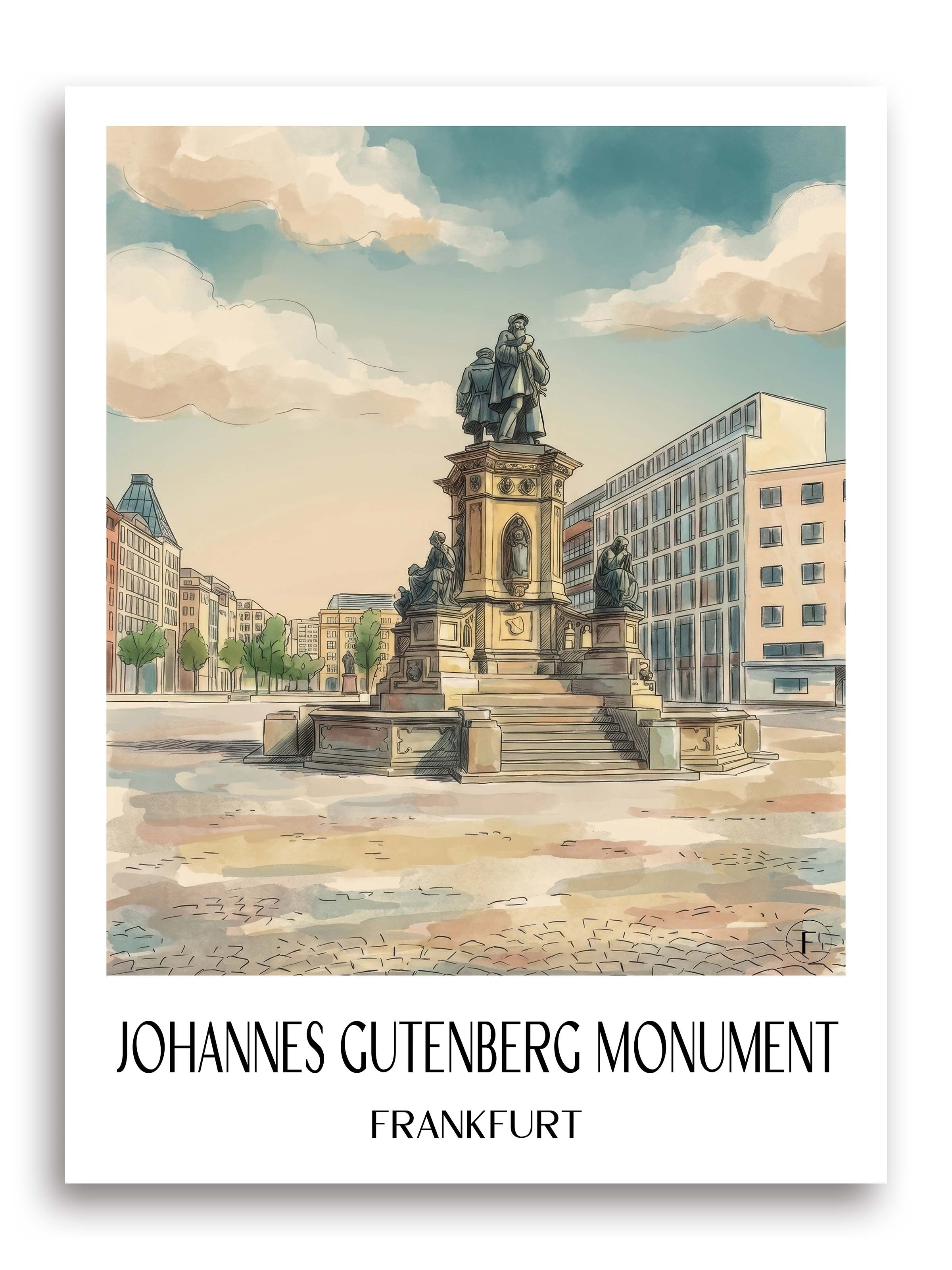 Johannes-Gutenberg-Denkmal Poster - Frankfurt - Deutschland Kunstdruck - Aquarell von A4 bis A1 - favplace