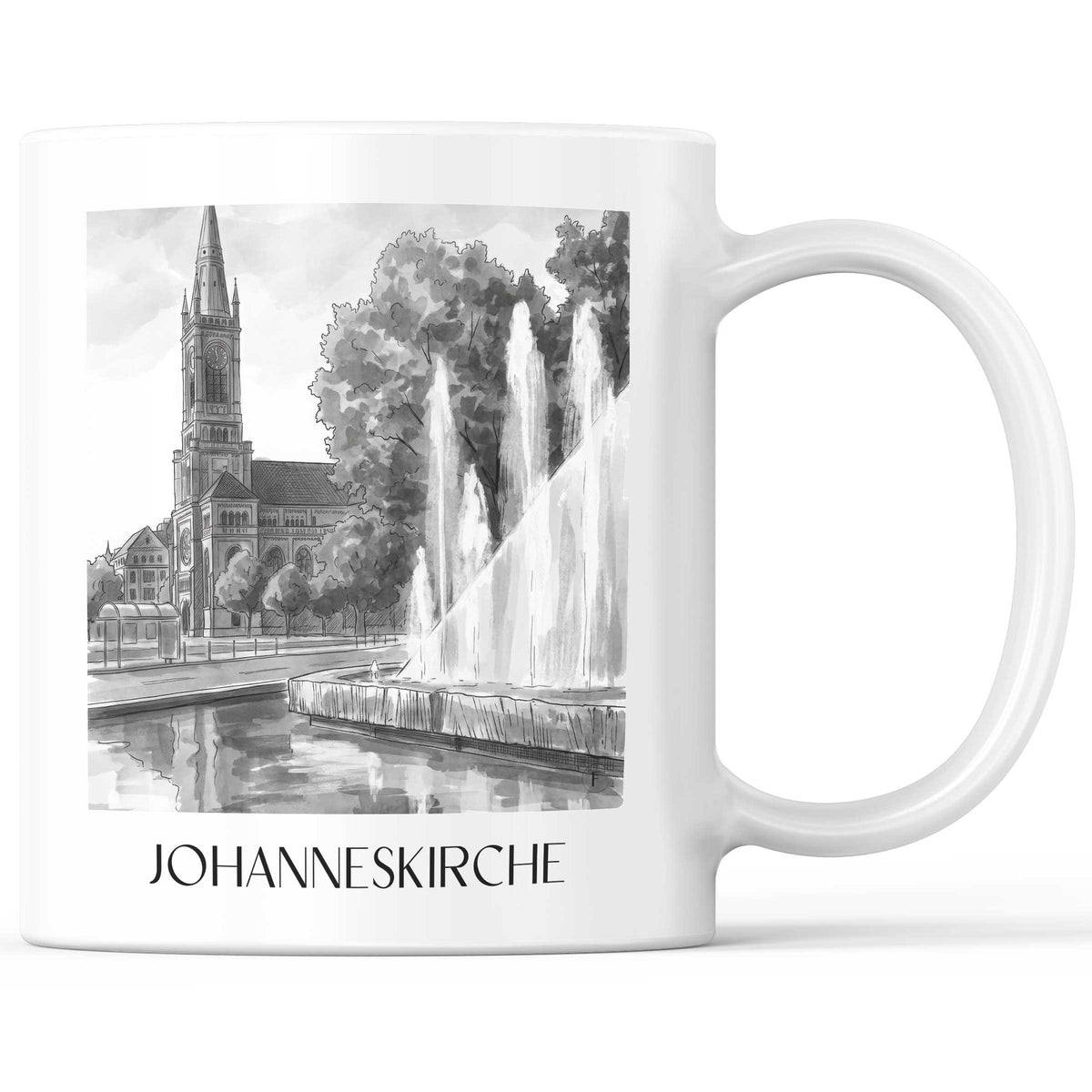 Johanneskirche Kaffeebecher - Düsseldorf - Deutschland Becher - Kaffeetasse im Aquarell Schwarz-Weiß Stil - favplace