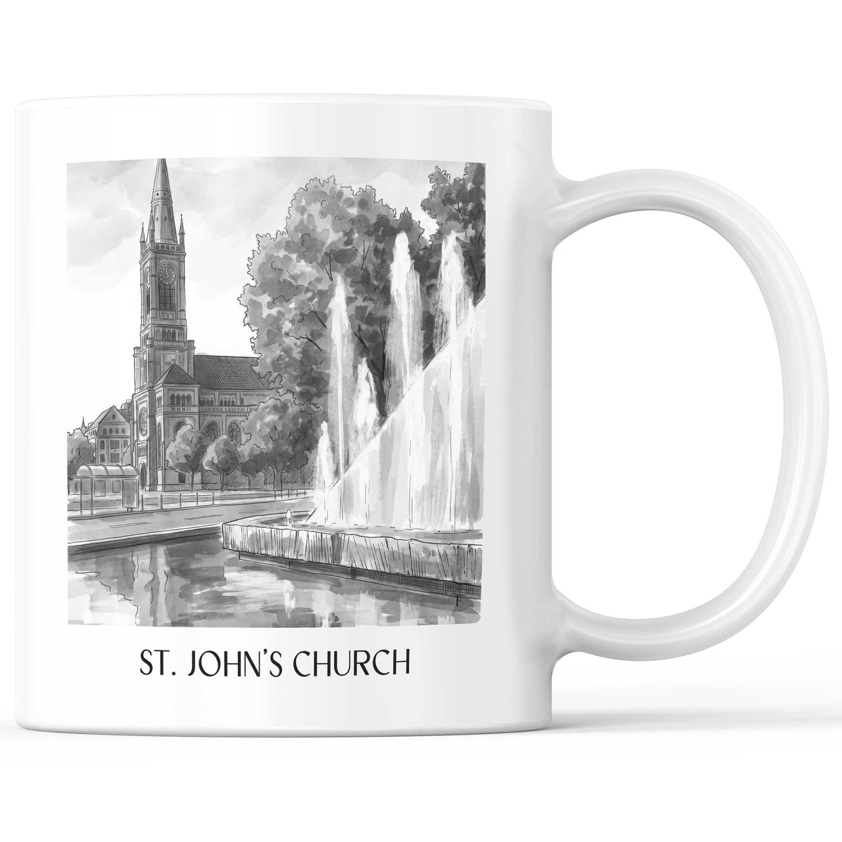 Johanneskirche Kaffeebecher - Düsseldorf - Deutschland Becher - Kaffeetasse im Aquarell Schwarz-Weiß Stil - favplace