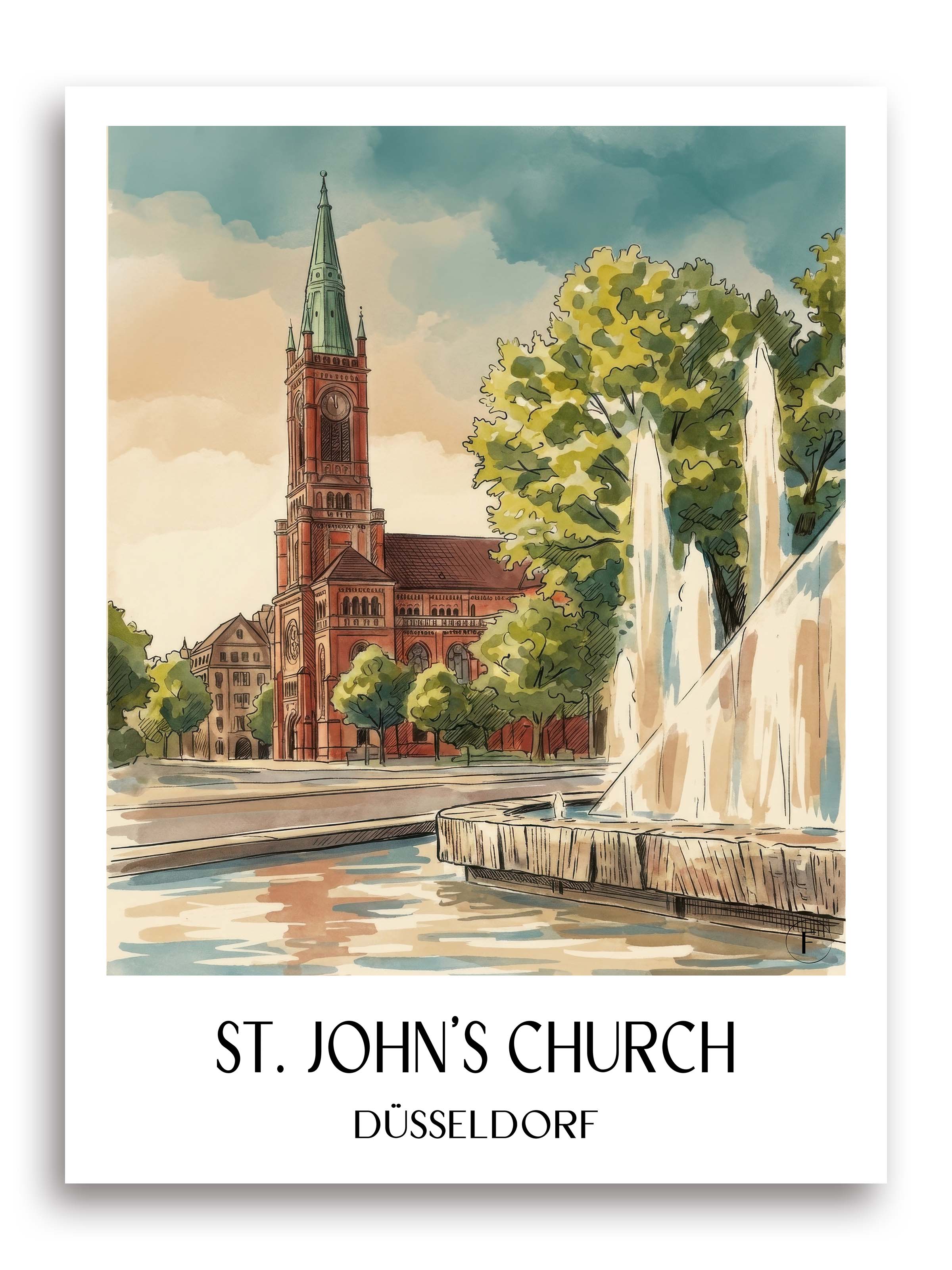 Johanneskirche Poster - Düsseldorf - Deutschland Kunstdruck - Aquarell von A4 bis A1 - favplace