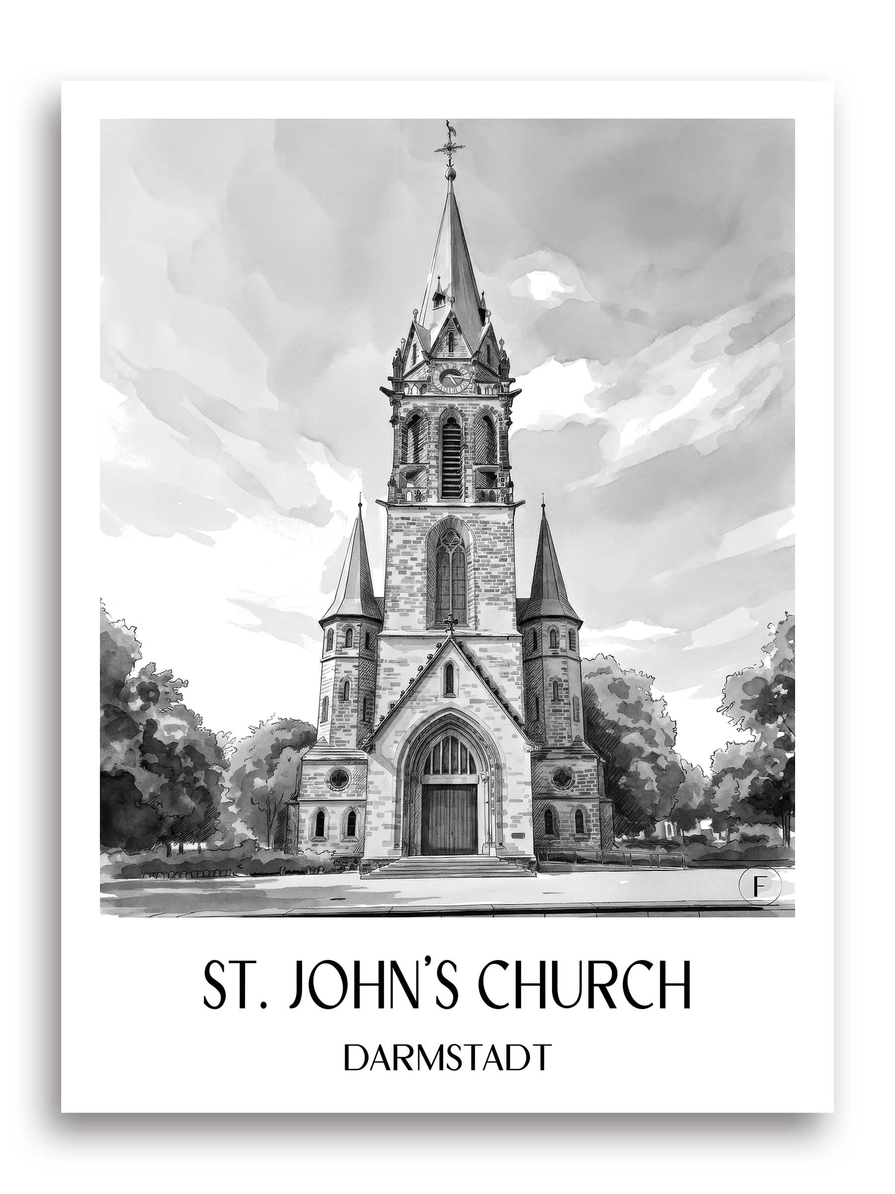 Johanneskirche Poster - Darmstadt - Deutschland Kunstdruck - Aquarell Schwarz-Weiß von A4 bis A1