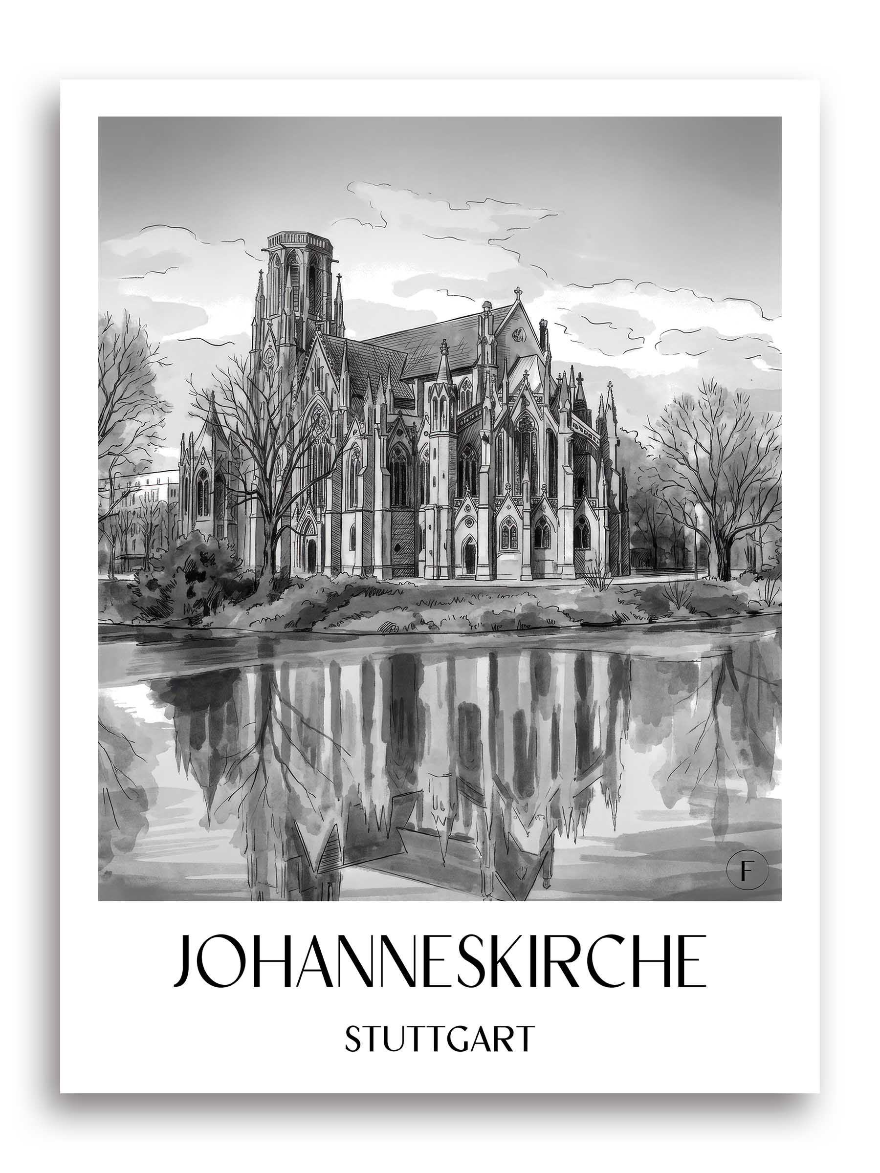 johanneskirche-stuttgart-deutschland-poster-aquarell-schwarz-weiss
