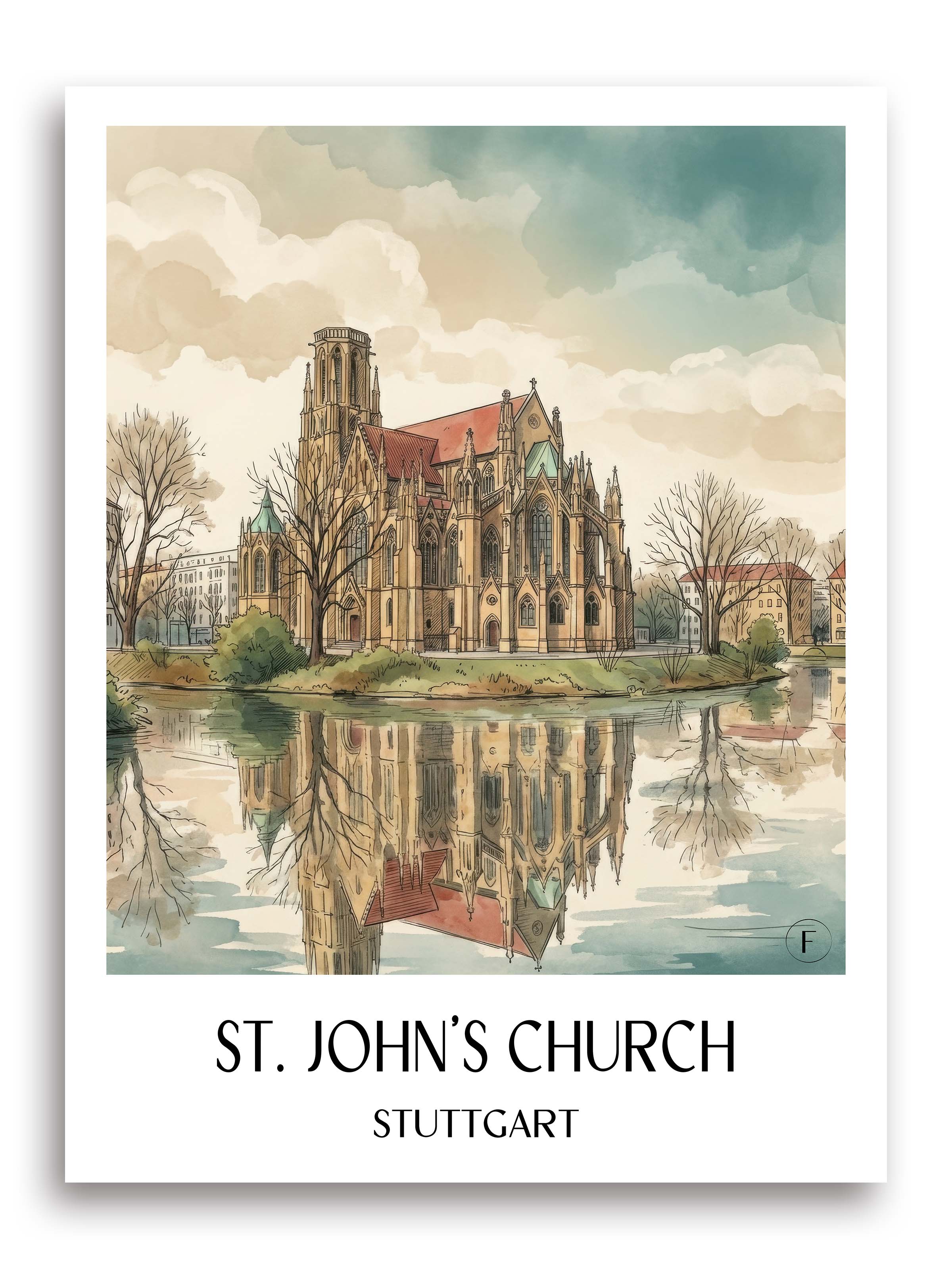 Johanneskirche Poster - Stuttgart - Deutschland Kunstdruck - Aquarell von A4 bis A1 - favplace