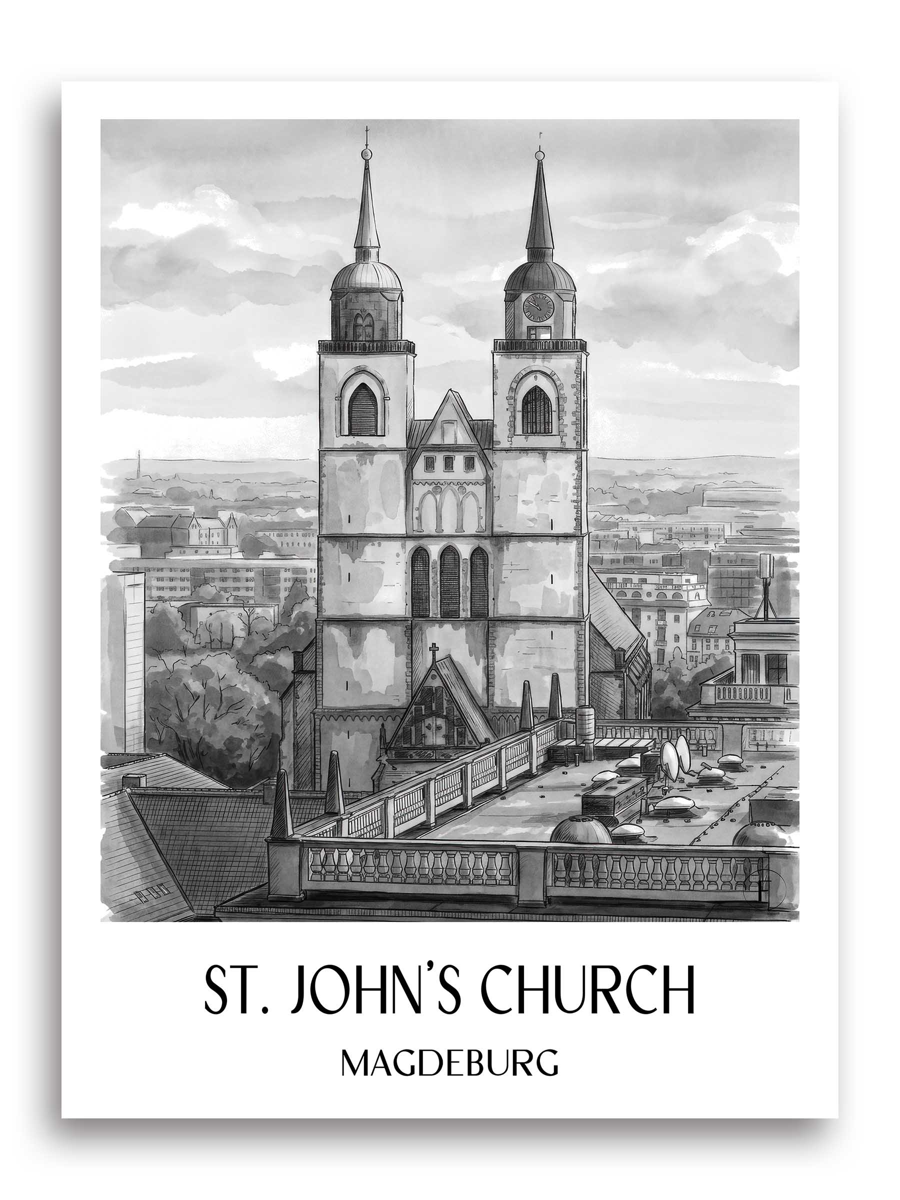 Johanniskirche Poster - Magdeburg - Deutschland Kunstdruck - Aquarell Schwarz-Weiß von A4 bis A1 - favplace