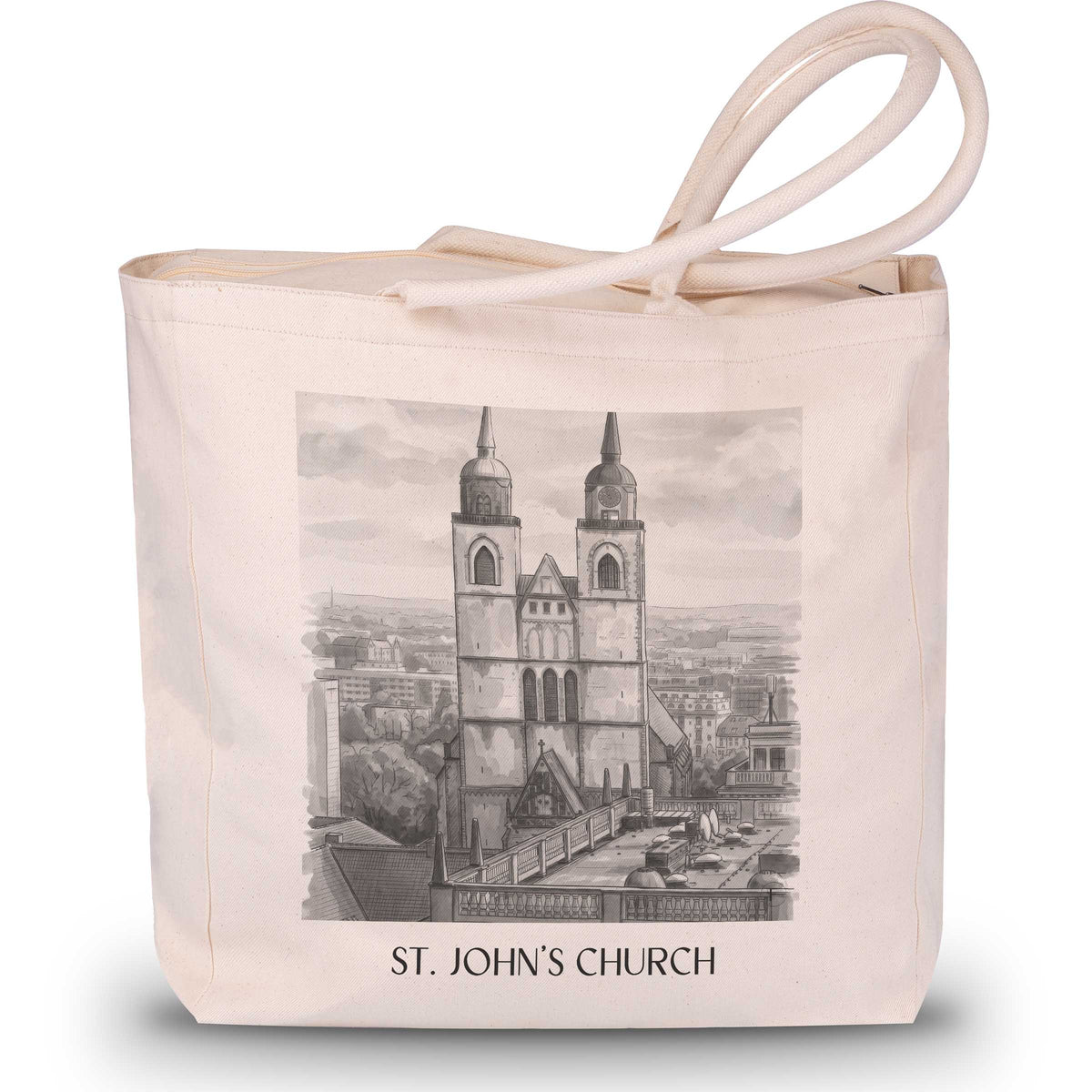 Johanniskirche Shopping Tasche - Magdeburg - Deutschland Tote Bag - Einkaufstasche im Aquarell Schwarz-Weiß Stil - favplace