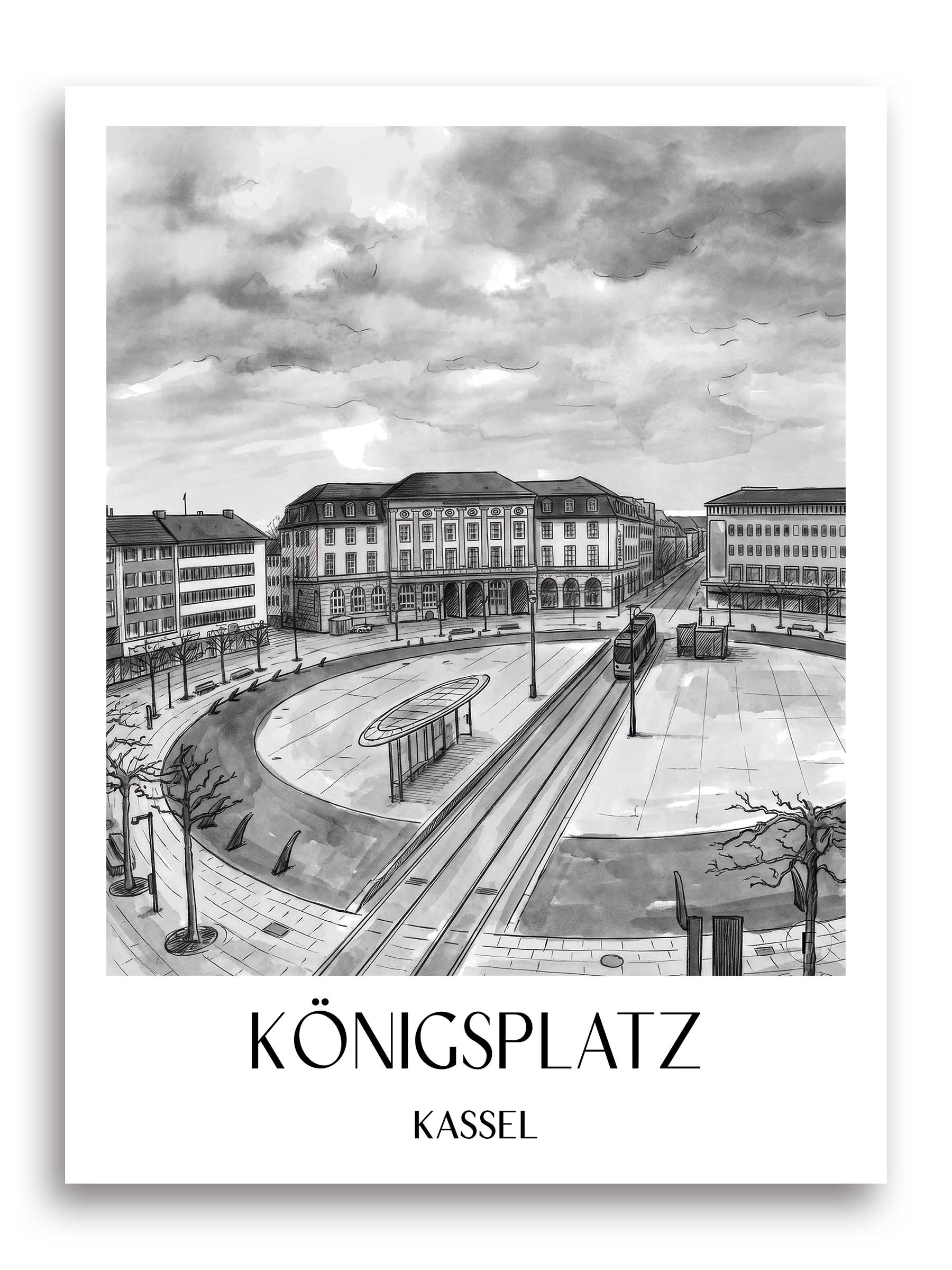 königsplatz-kassel-deutschland-poster-aquarell-schwarz-weiss