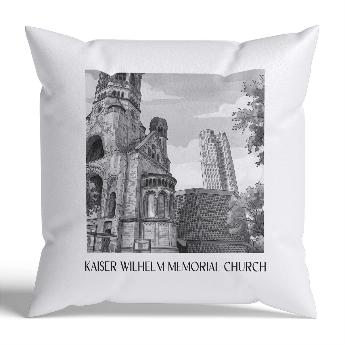Kaiser Wilhelm Gedächtniskirche Kissenhülle - Zierkissen Bezug - Berlin - Deutschland Kissen bzw. Kissenbezug im Aquarell Schwarz-Weiß Stil - favplace