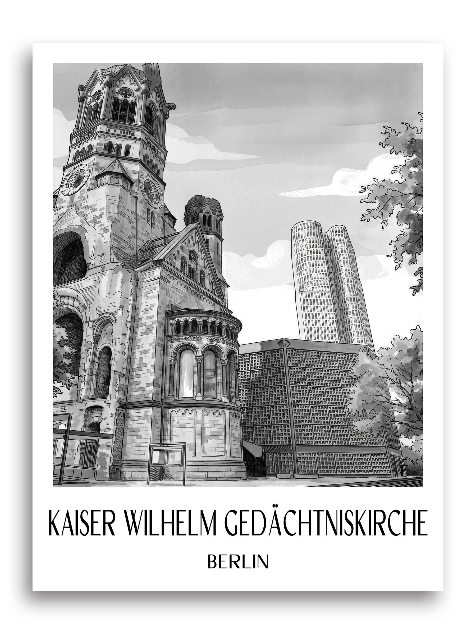 kaiser-wilhelm-gedächtniskirche-berlin-deutschland-poster-aquarell-schwarz-weiss