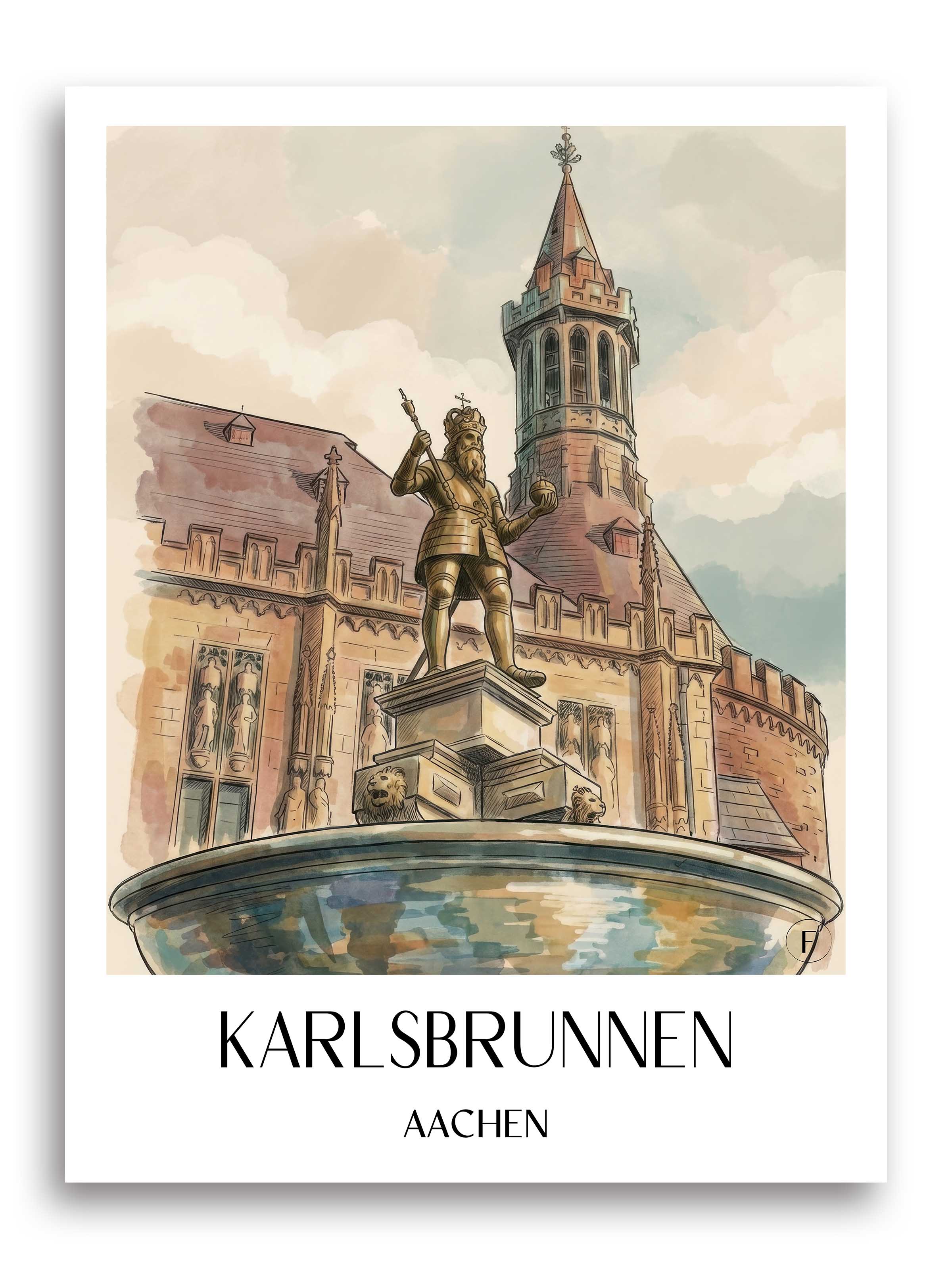 Karlsbrunnen Poster - Aachen - Deutschland Kunstdruck - Aquarell von A4 bis A1 - favplace