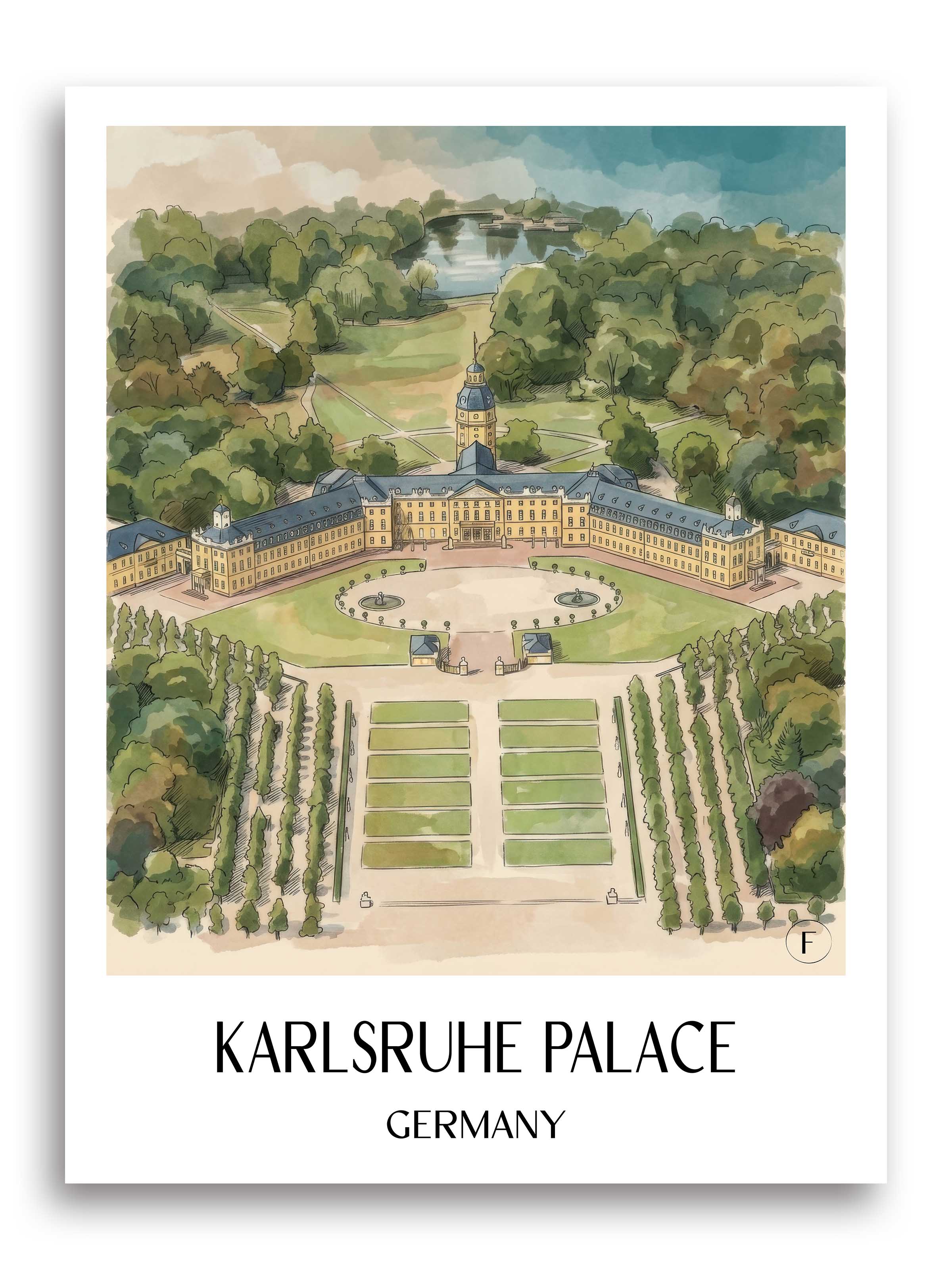 Karlsruher schloss Poster - Baden-Württemberg - Deutschland Kunstdruck - Aquarell von A4 bis A1 - favplace
