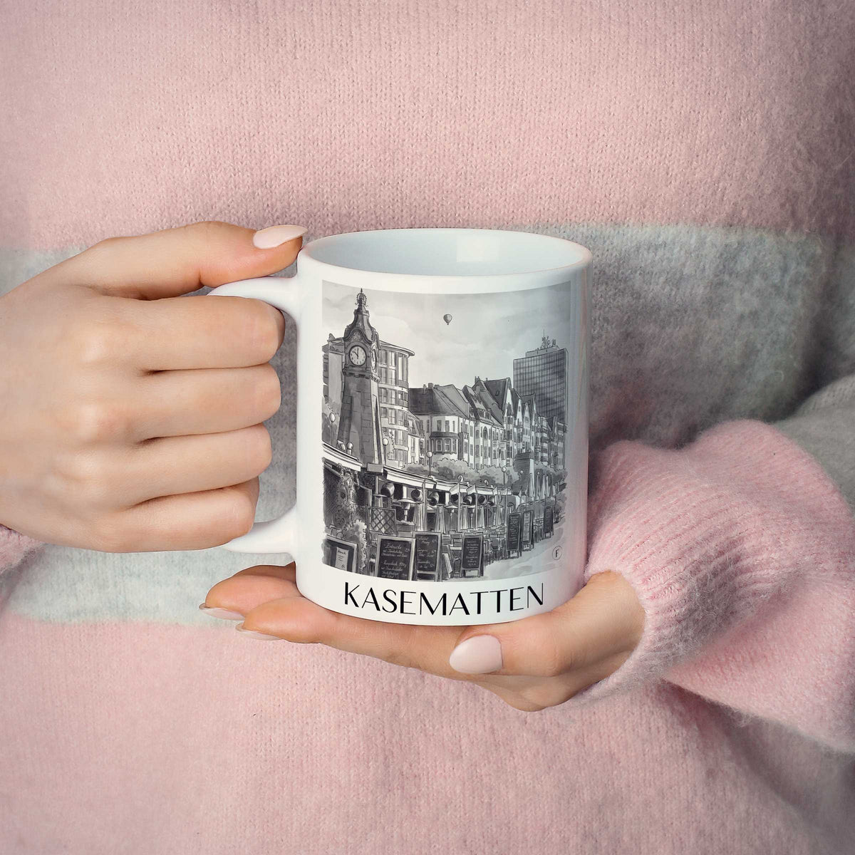 kasematten-düsseldorf-deutschland-kaffeebecher-aquarell-schwarz-weiss