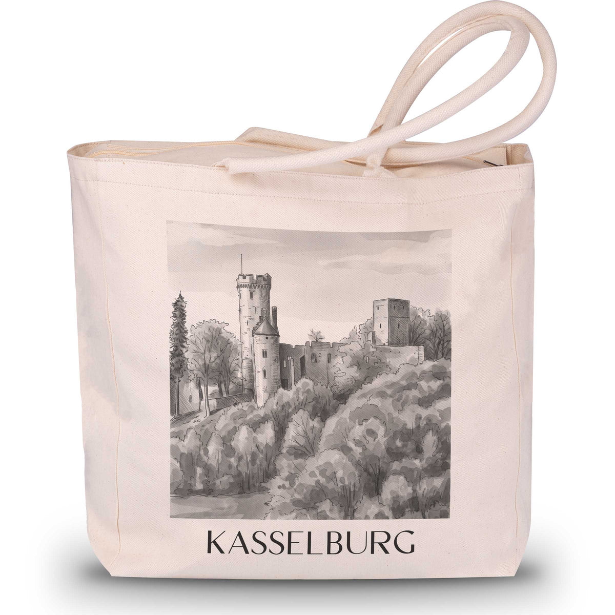 Kasselburg Shopping Tasche - Eifel - Deutschland Tote Bag - Einkaufstasche im Aquarell Schwarz-Weiß Stil - favplace
