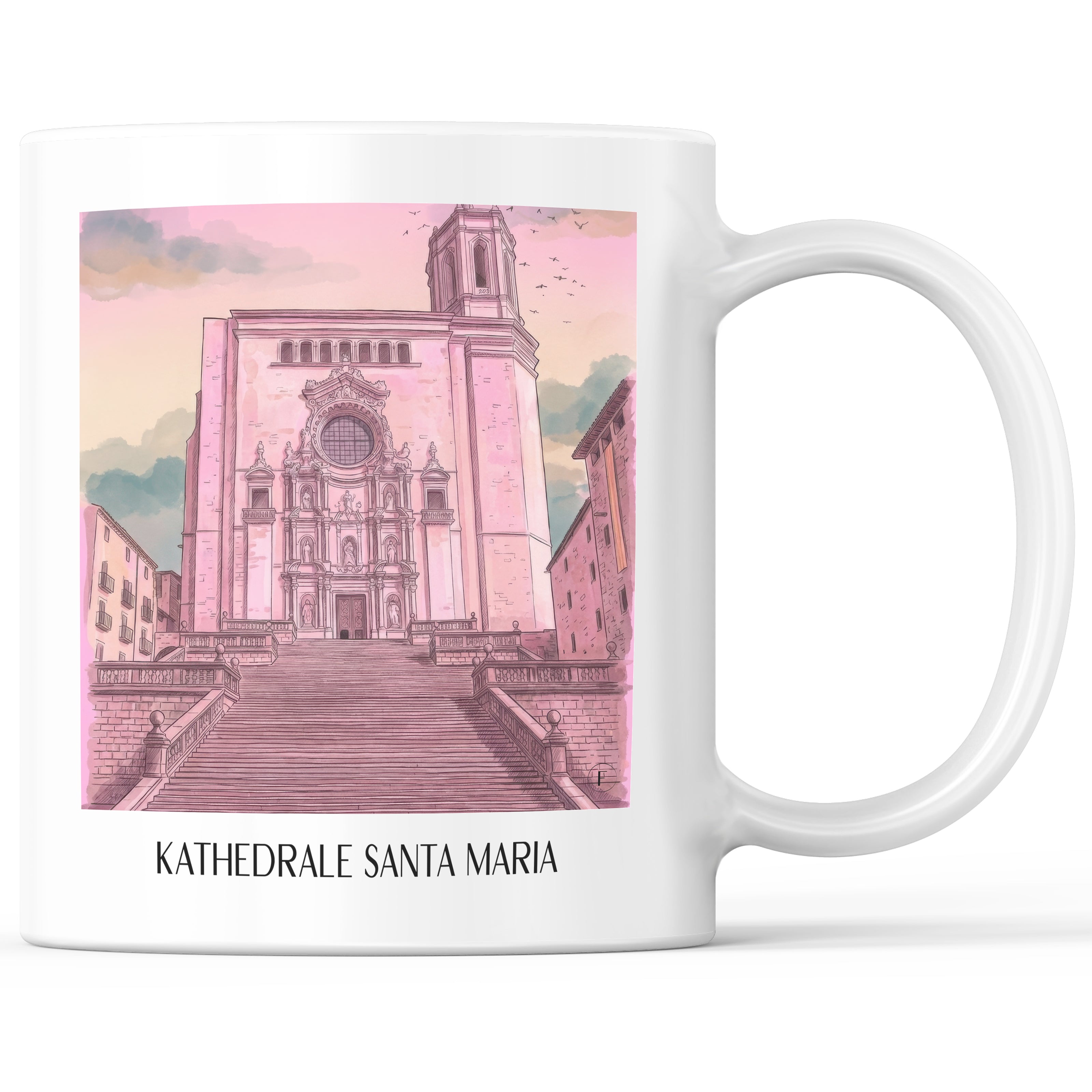 Kathedrale von Girona Kaffeebecher - Spanien - Spanien und Spanien Becher - Kaffeetasse im Aquarell Pink Stil - favplace