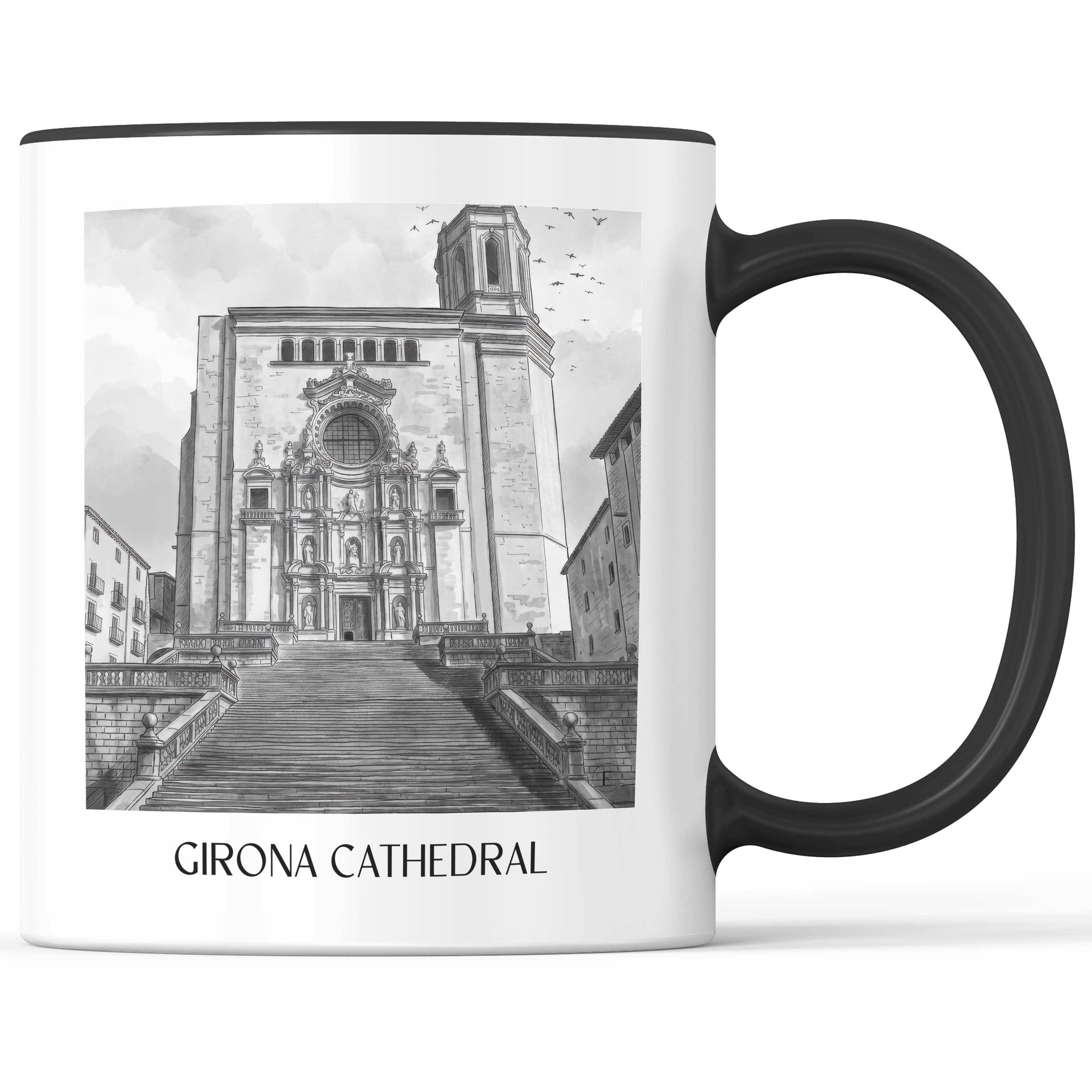 Kathedrale von Girona Kaffeebecher - Spanien - Spanien und Spanien Becher - Kaffeetasse im Aquarell Schwarz-Weiß Stil - favplace