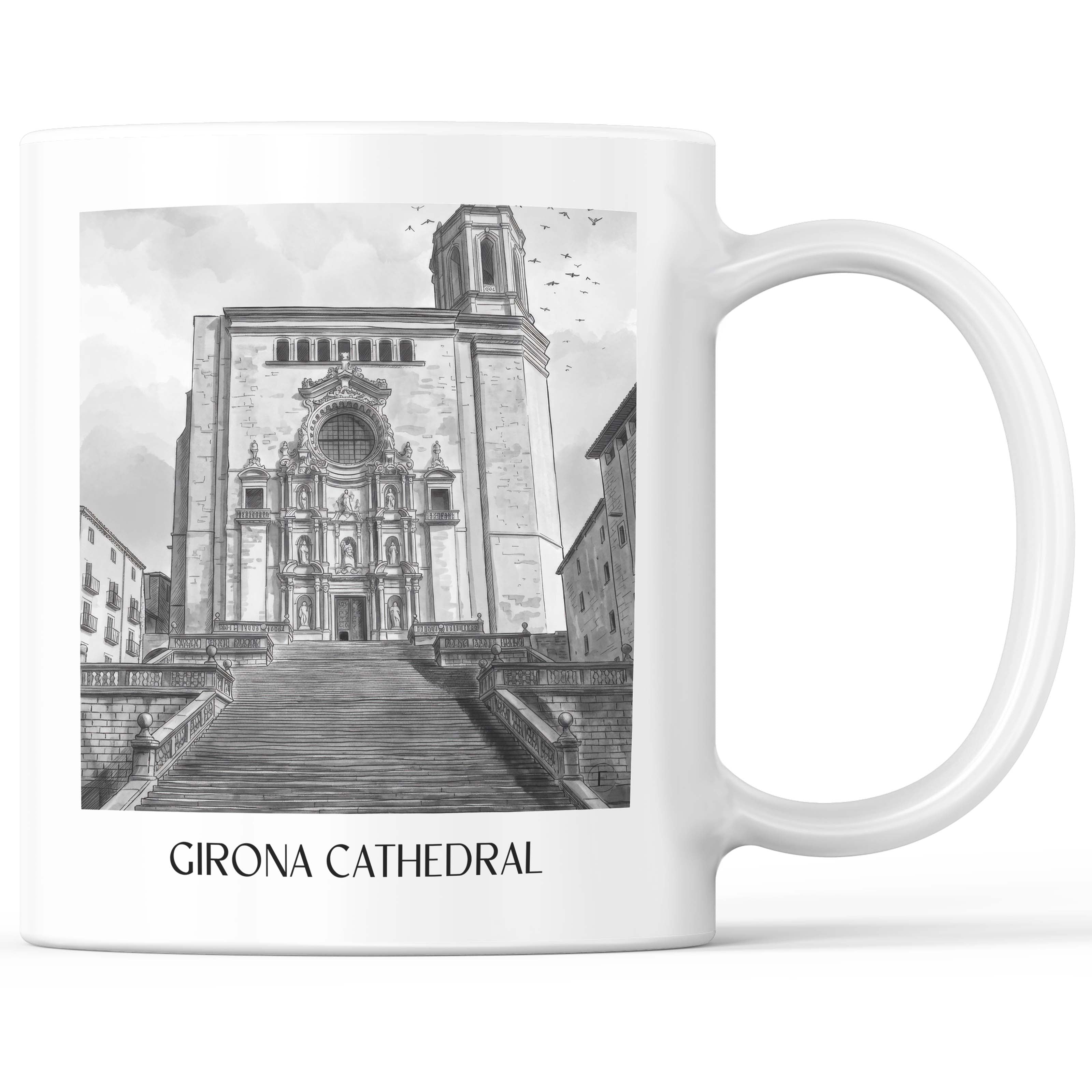 Kathedrale von Girona Kaffeebecher - Spanien - Spanien und Spanien Becher - Kaffeetasse im Aquarell Schwarz-Weiß Stil - favplace