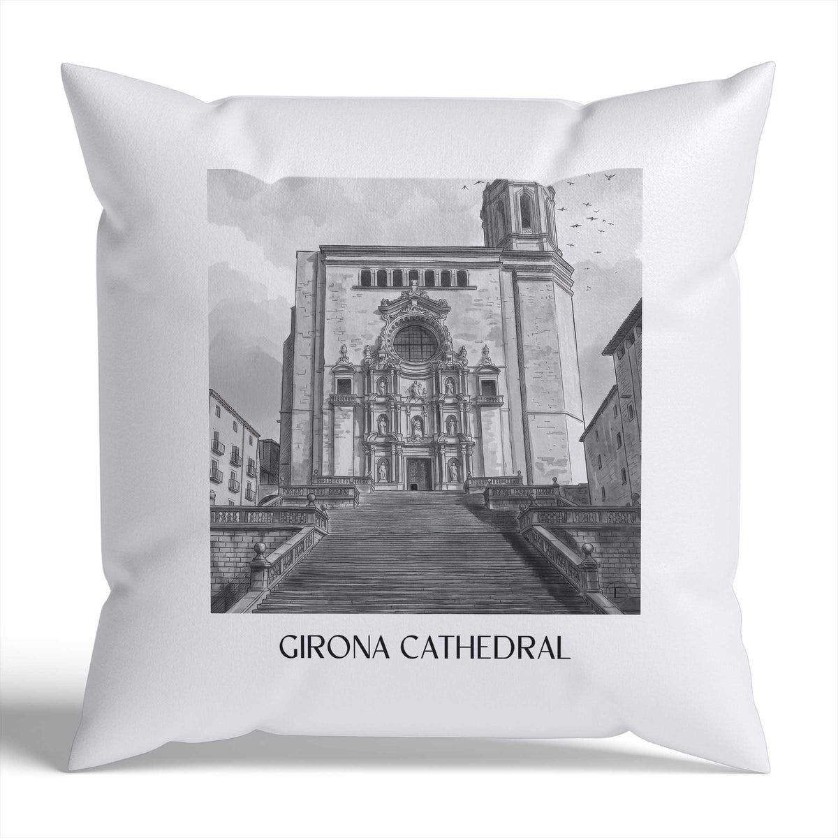 Kathedrale von Girona Kissenhülle - Zierkissen Bezug - Spanien - Spanien Kissen bzw. Kissenbezug im Aquarell Schwarz-Weiß Stil - favplace