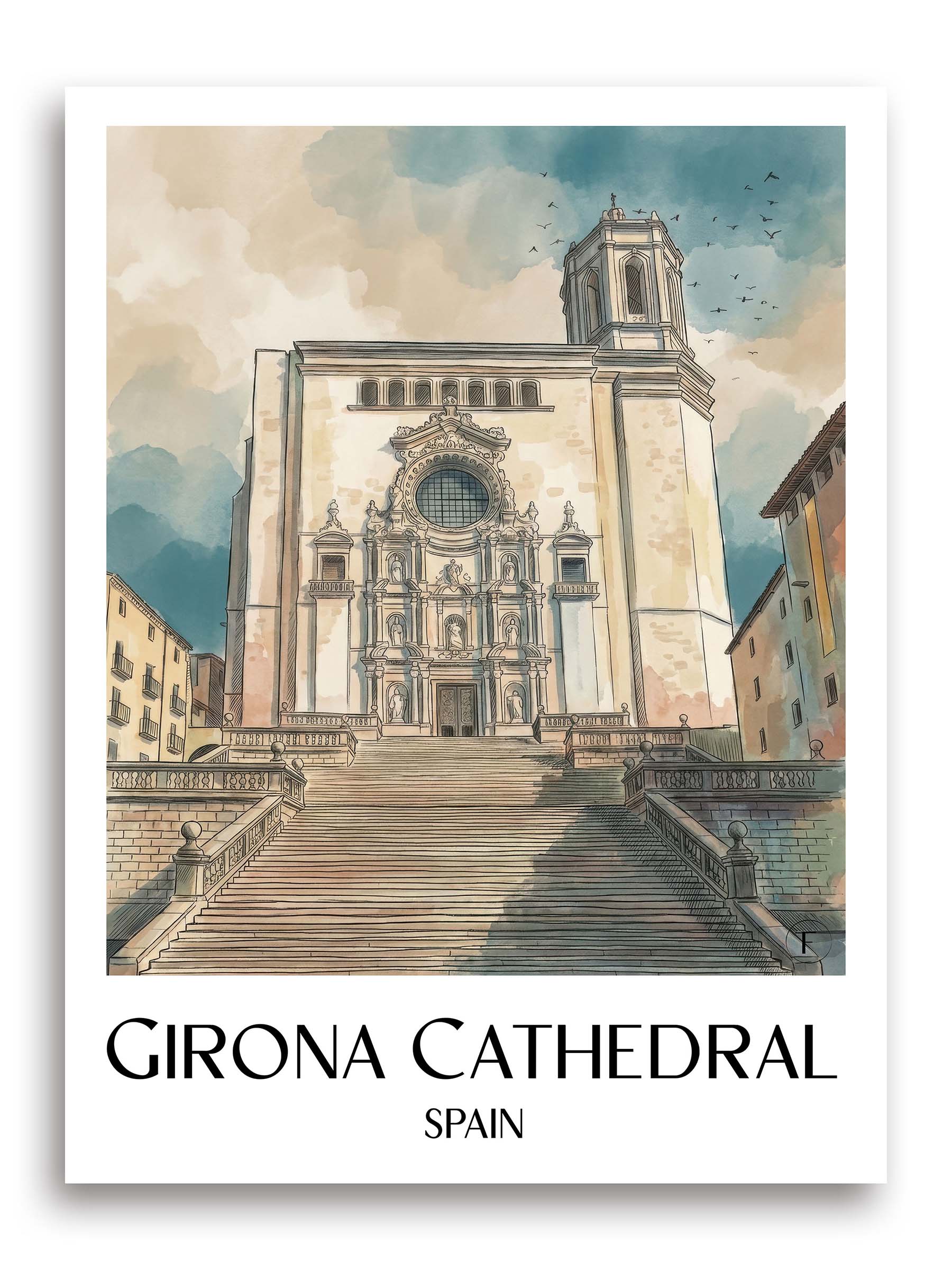 Kathedrale von Girona Poster - Spanien - Spanien Kunstdruck - Aquarell von A4 bis A1 - favplace