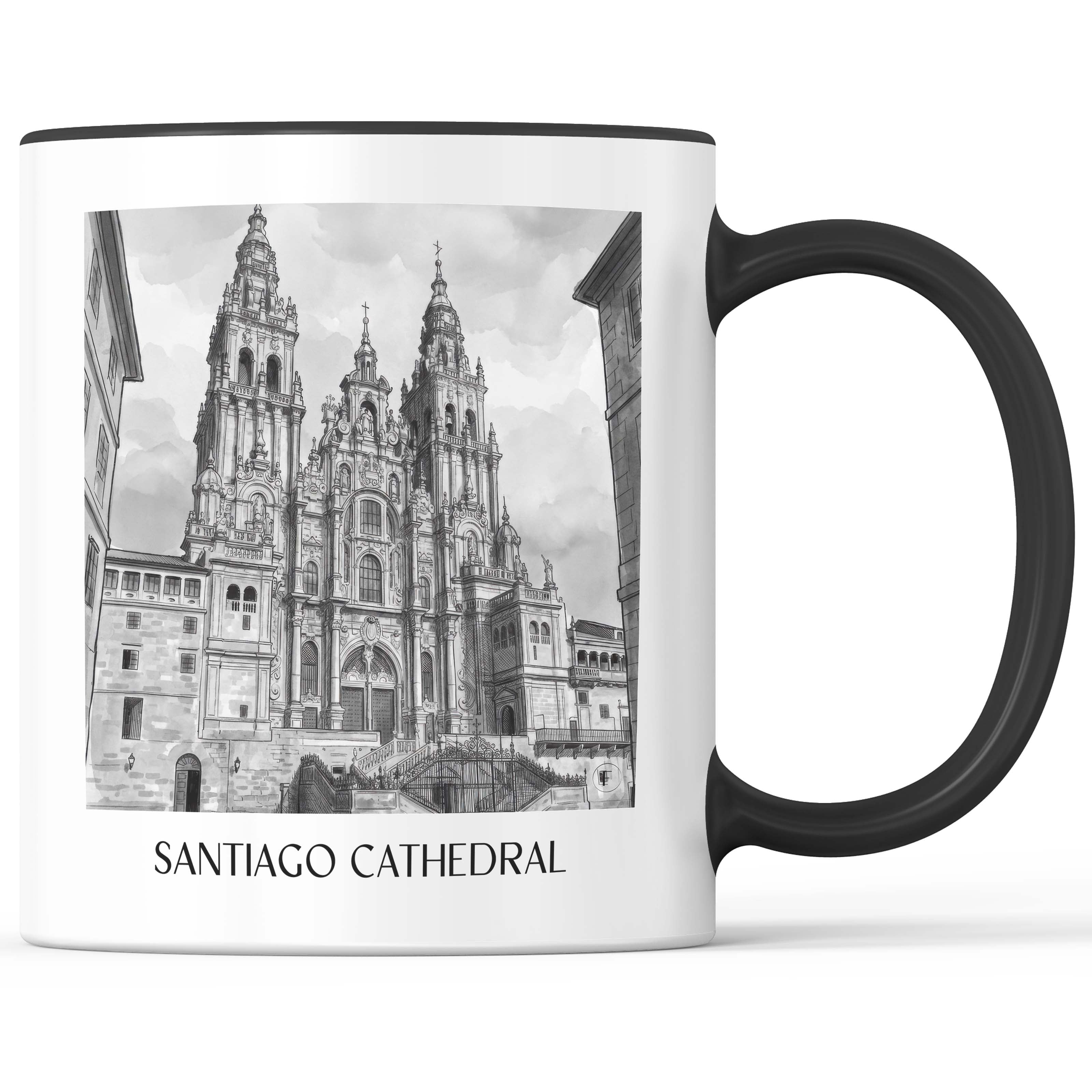 Kathedrale von Santiago Kaffeebecher - Spanien - Spanien Becher - Kaffeetasse im Aquarell Schwarz-Weiß Stil - favplace