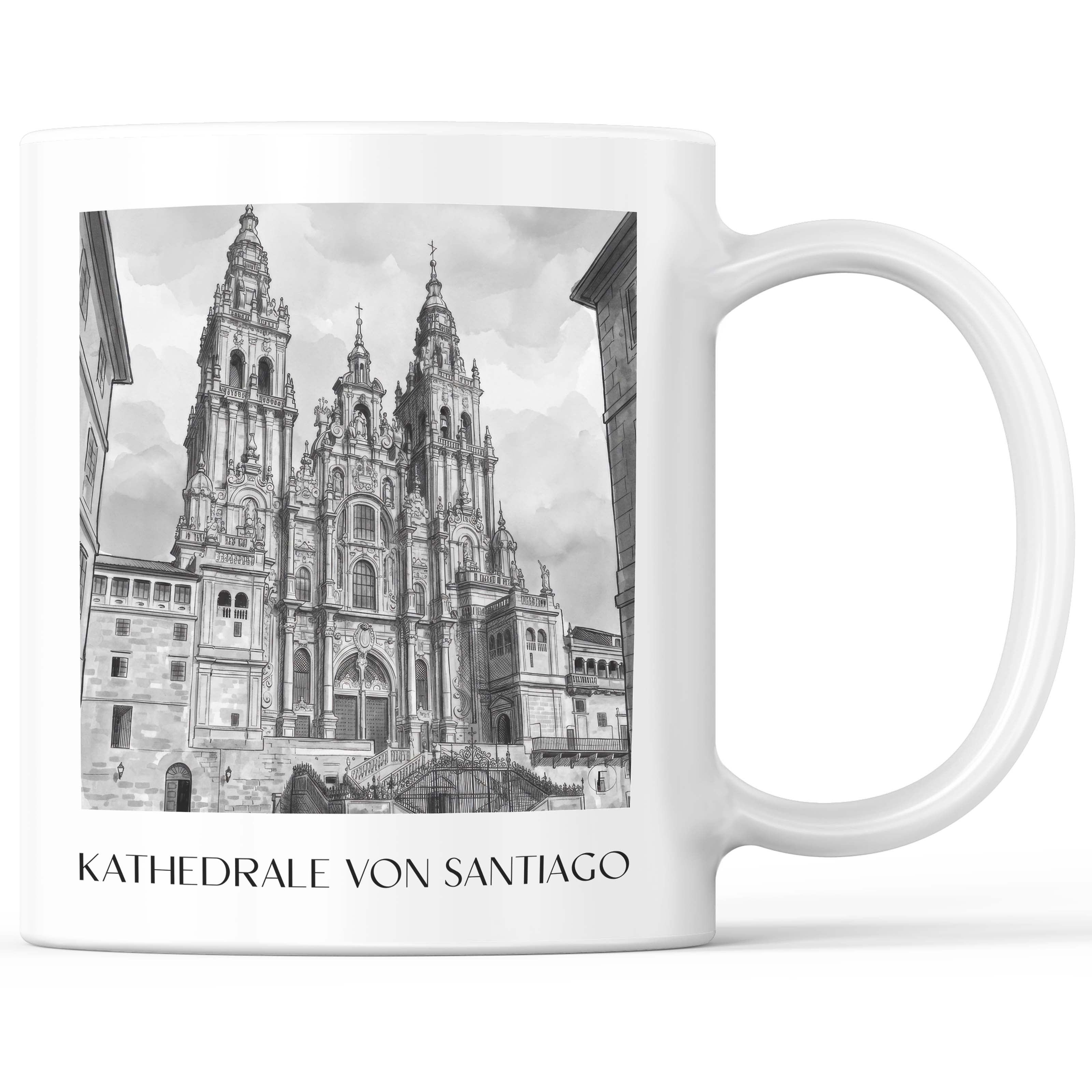 Kathedrale von Santiago Kaffeebecher - Spanien - Spanien Becher - Kaffeetasse im Aquarell Schwarz-Weiß Stil - favplace