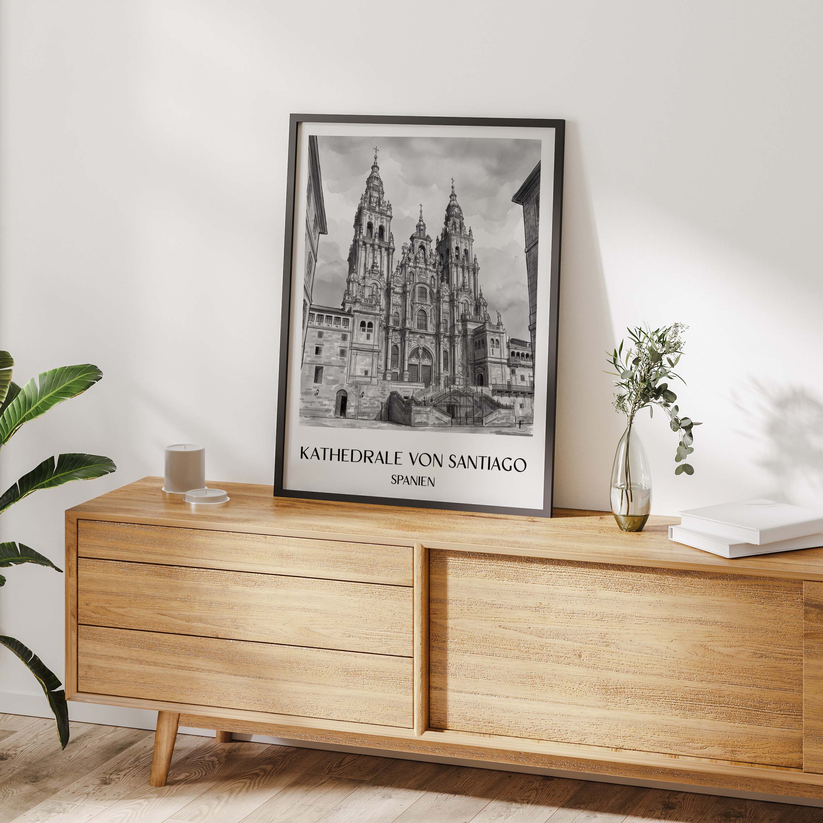 kathedrale-von-santiago-spanien-spanien-poster-aquarell-schwarz-weiss