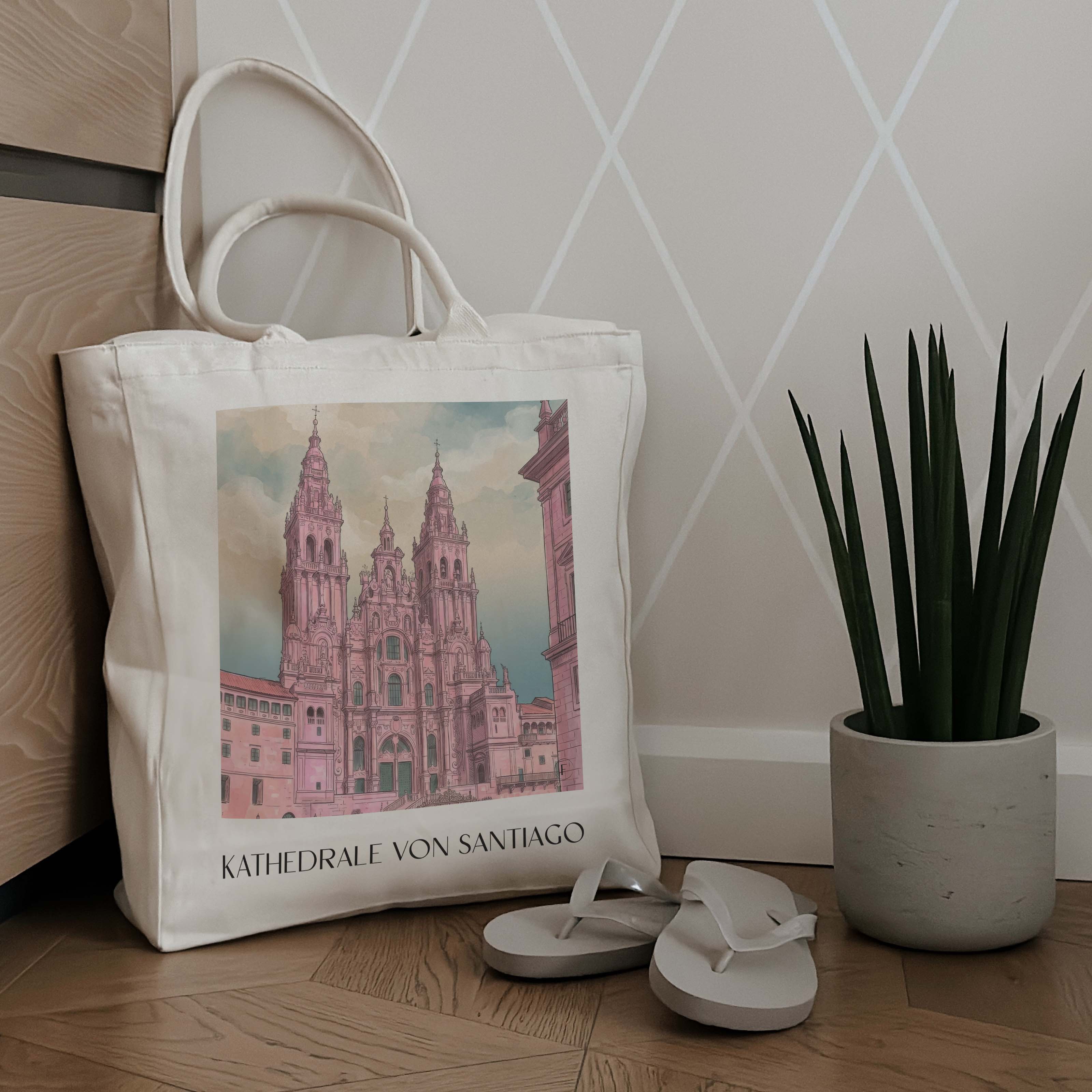 kathedrale-von-santiago-spanien-spanien-einkaufstasche-aquarell-pink-rosa