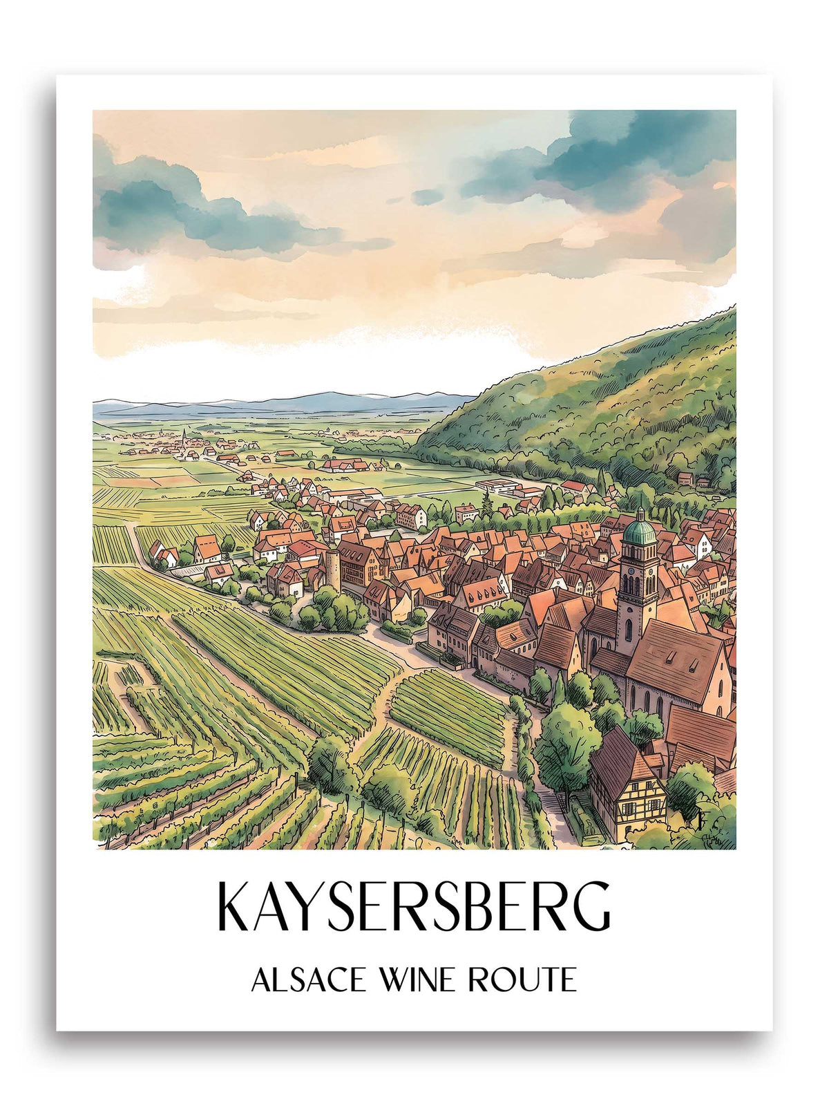 Kaysersberg Poster - Route des Vins d'Alsace - Frankreich Kunstdruck - Aquarell von A4 bis A1