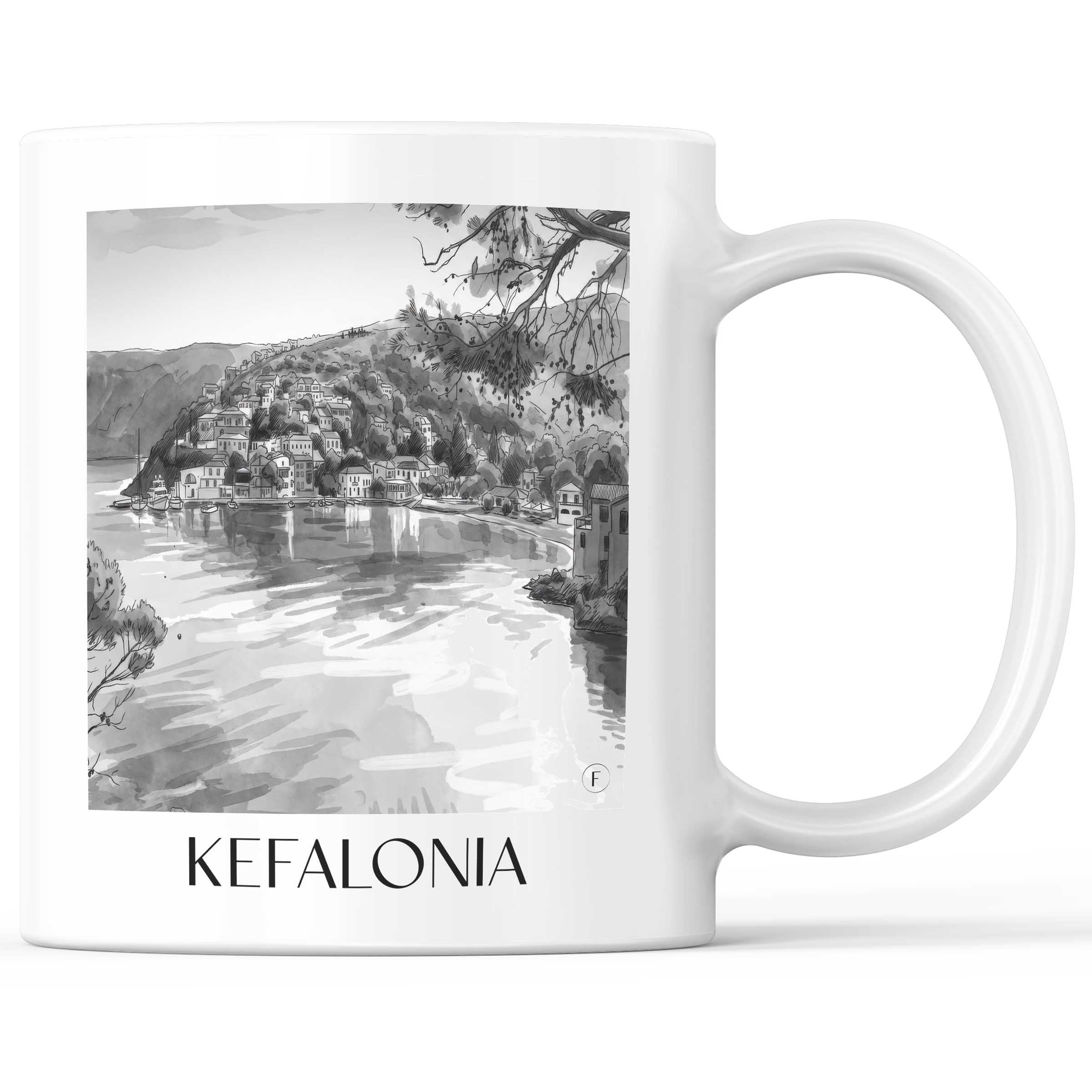 Kefalonia - Griechenland Becher - Kaffeetasse im Aquarell Schwarz-Weiß Stil - favplace