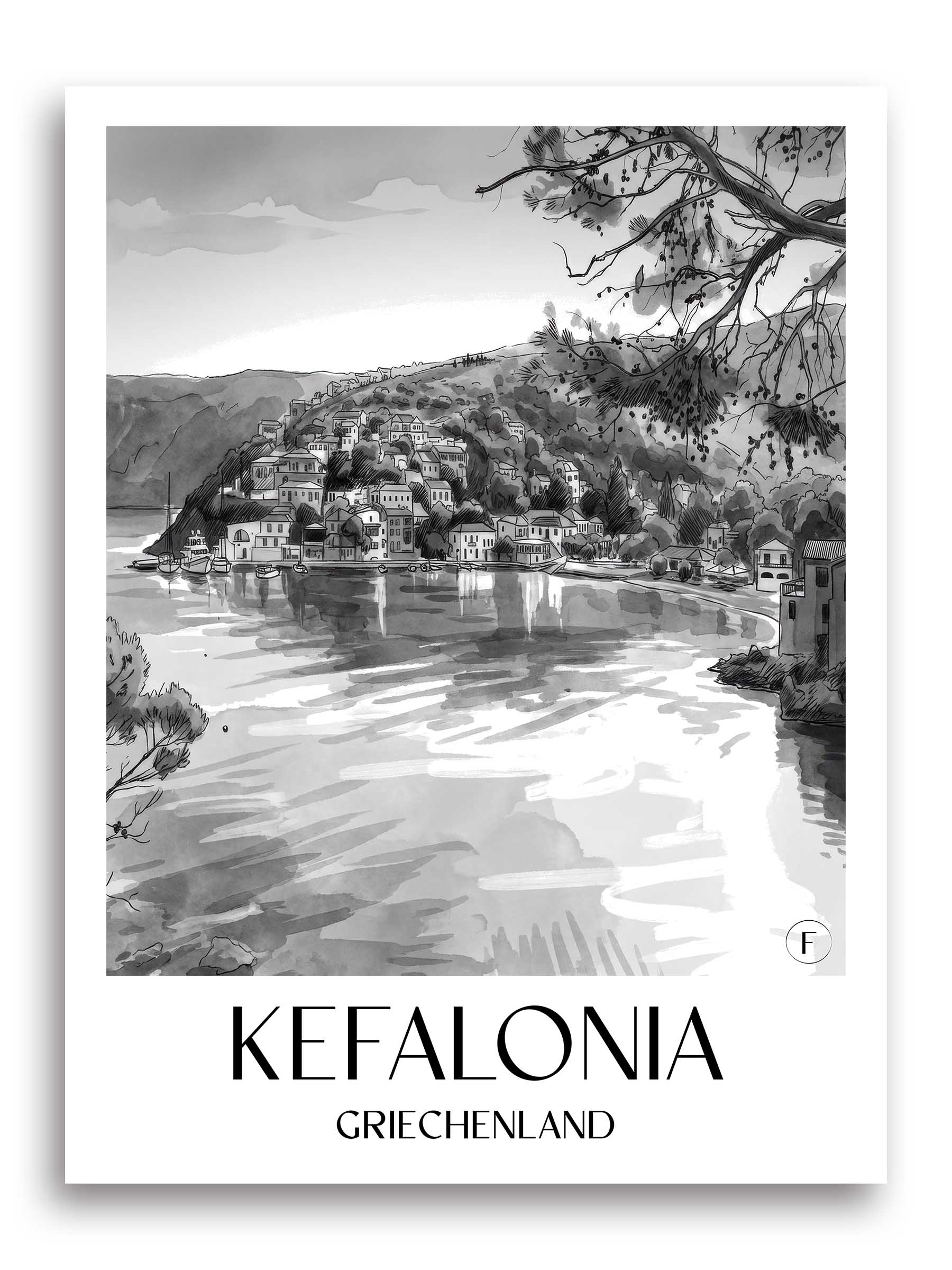 kefalonia-griechenland-poster-aquarell-schwarz-weiss