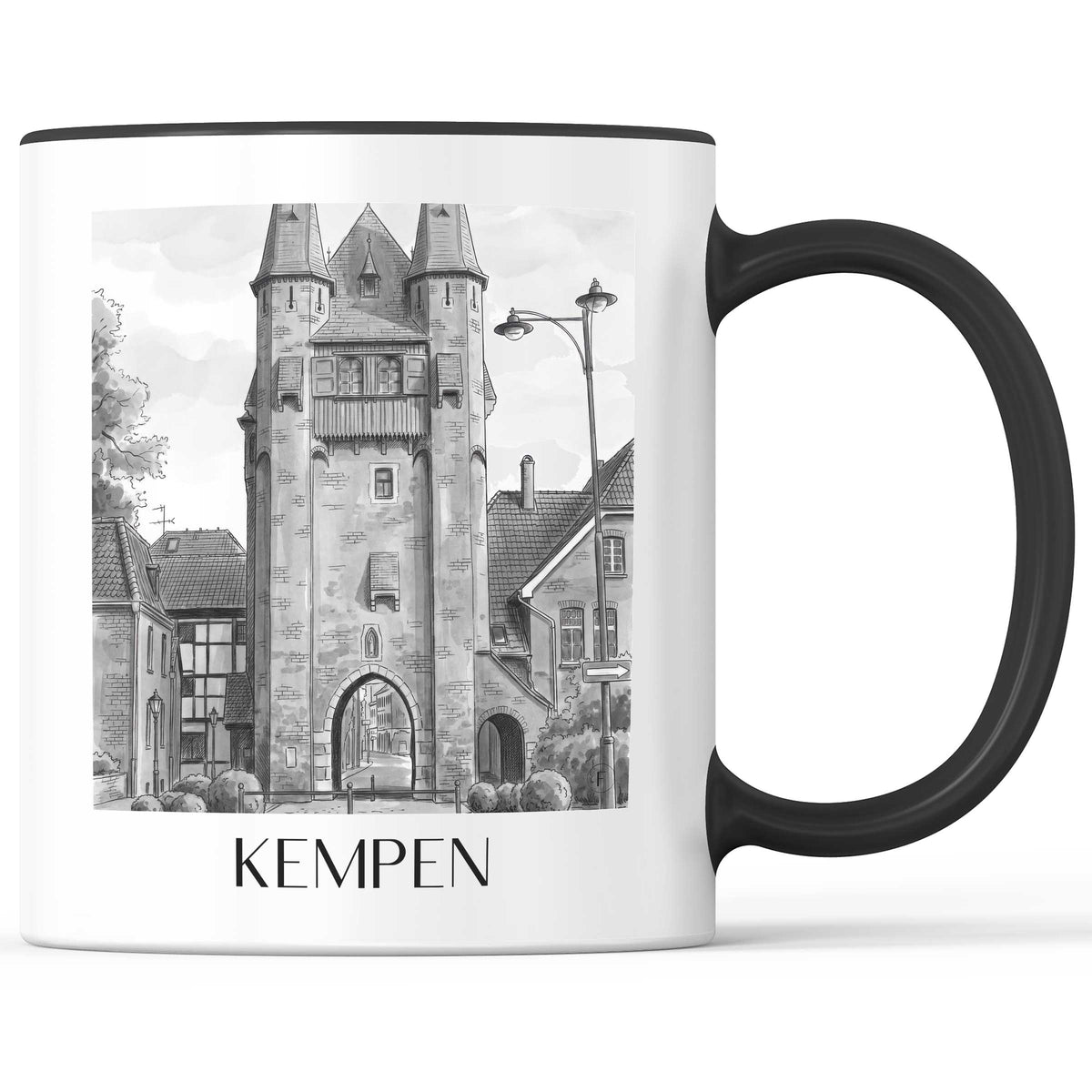 Kempen Kaffeebecher - Niederrhein - Deutschland Becher - Kaffeetasse im Aquarell Schwarz-Weiß Stil - favplace