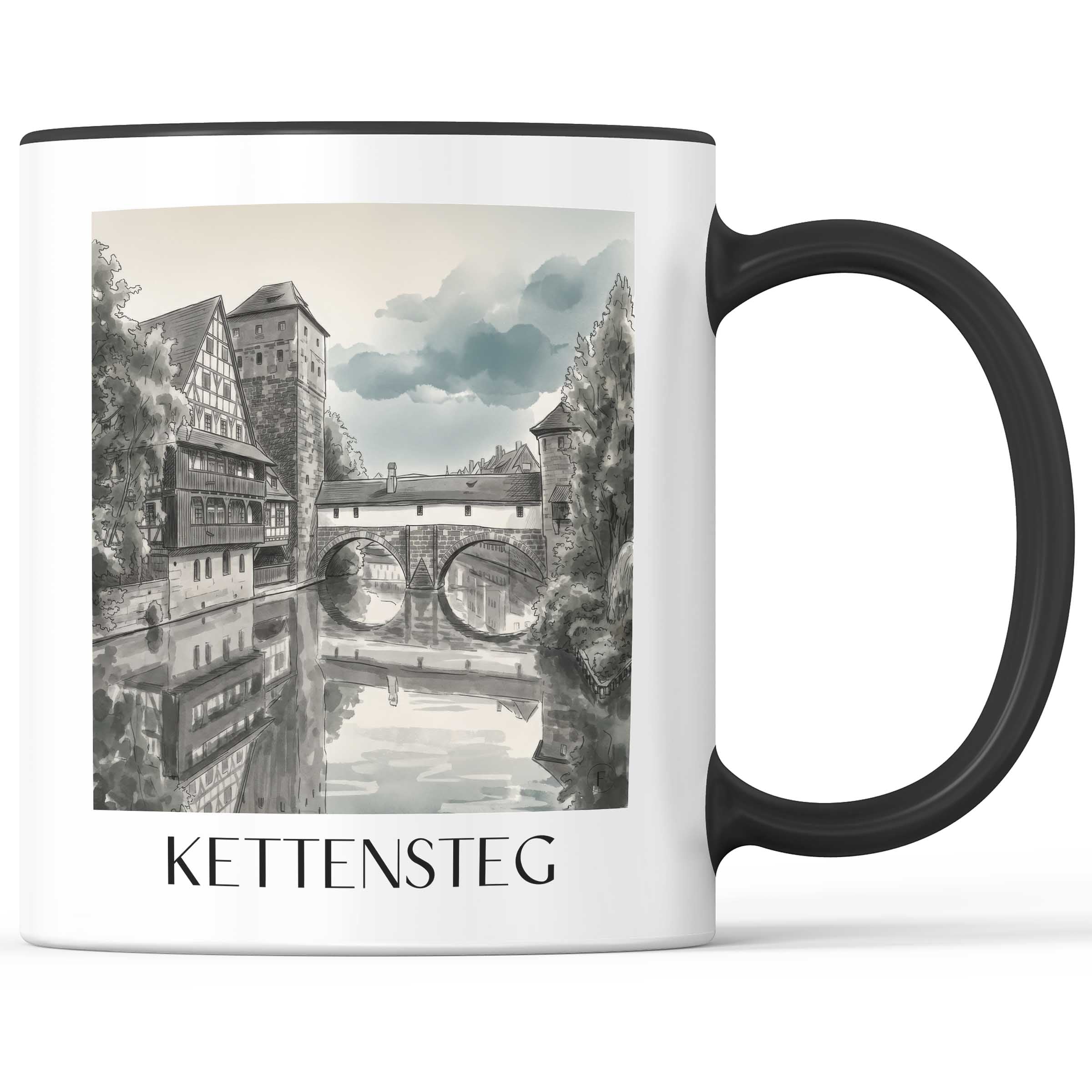 kettensteg-nürnberg-deutschland-kaffeebecher-aquarell-schwarz-weiss
