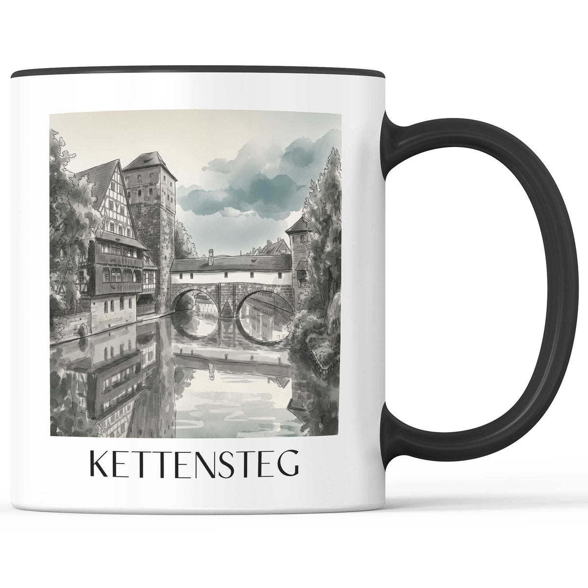 Kettensteg Kaffeebecher - Nürnberg - Deutschland Becher - Kaffeetasse im Aquarell Schwarz-Weiß Stil - favplace