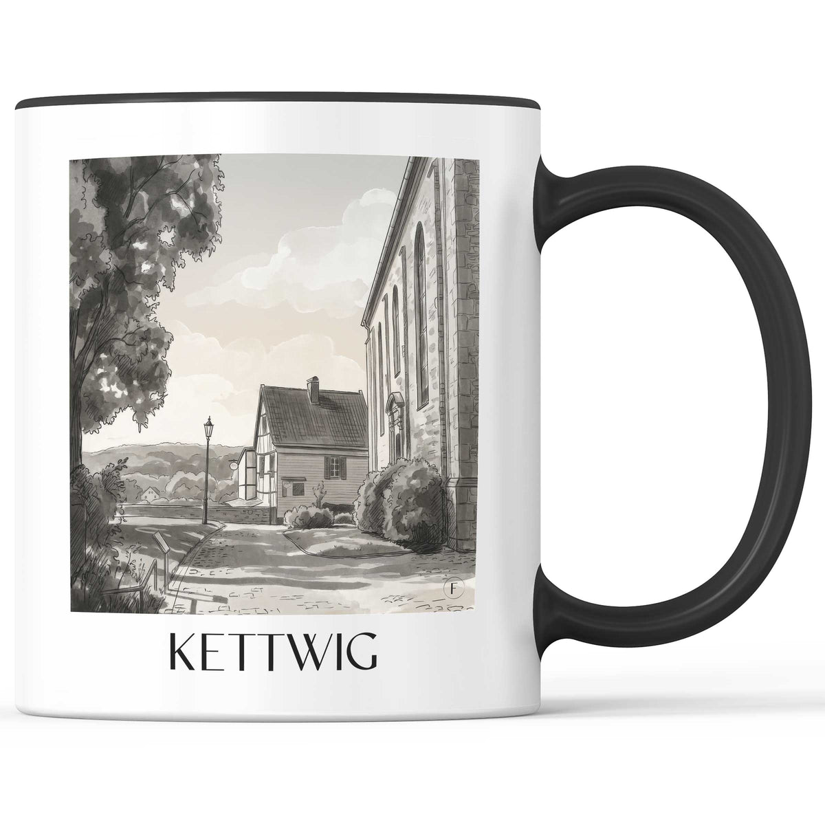 Kettwig Kaffeebecher - Essen - Deutschland Becher - Kaffeetasse im Aquarell Schwarz-Weiß Stil - favplace