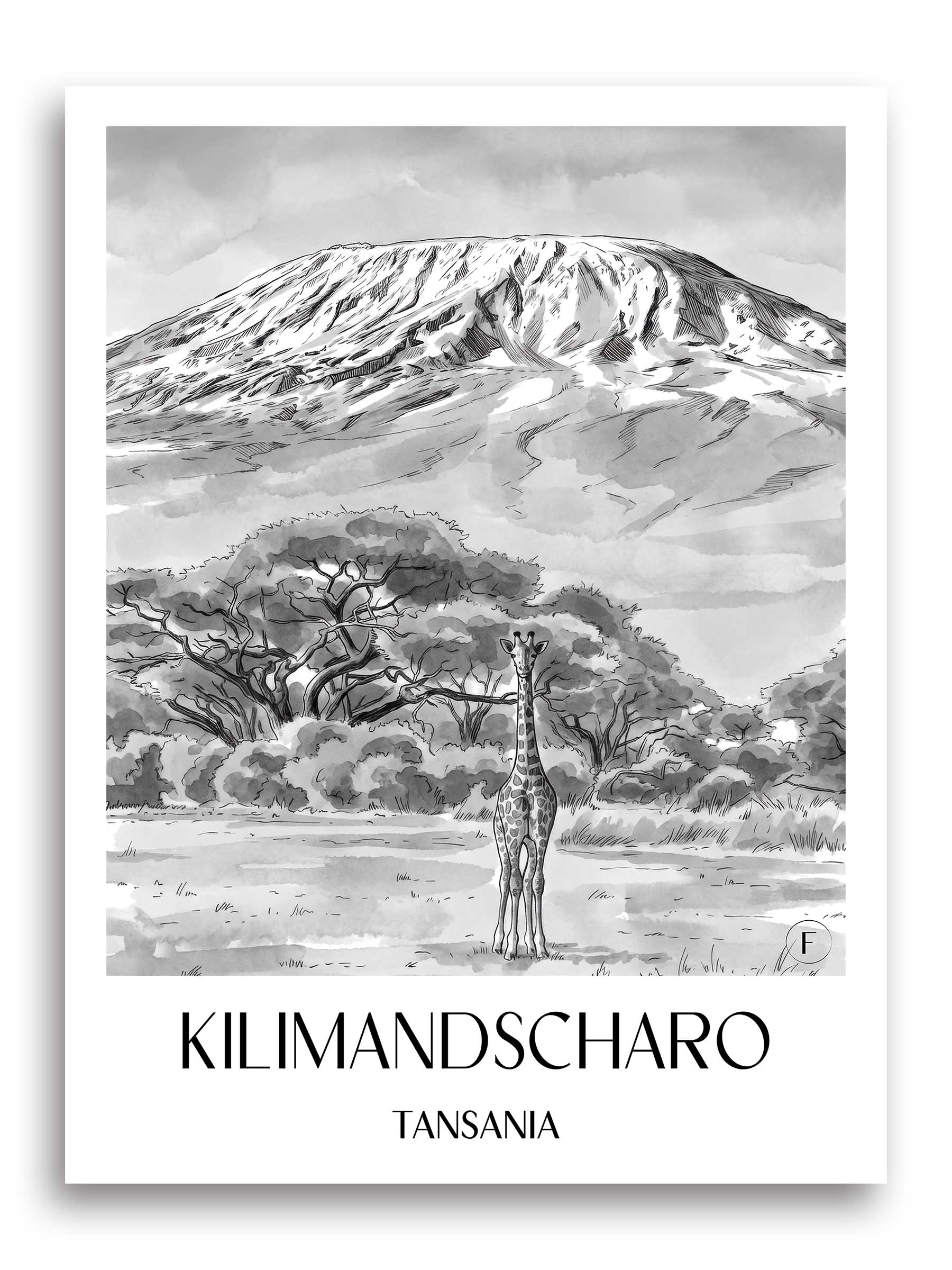 kilimandscharo-tansania-poster-aquarell-schwarz-weiss
