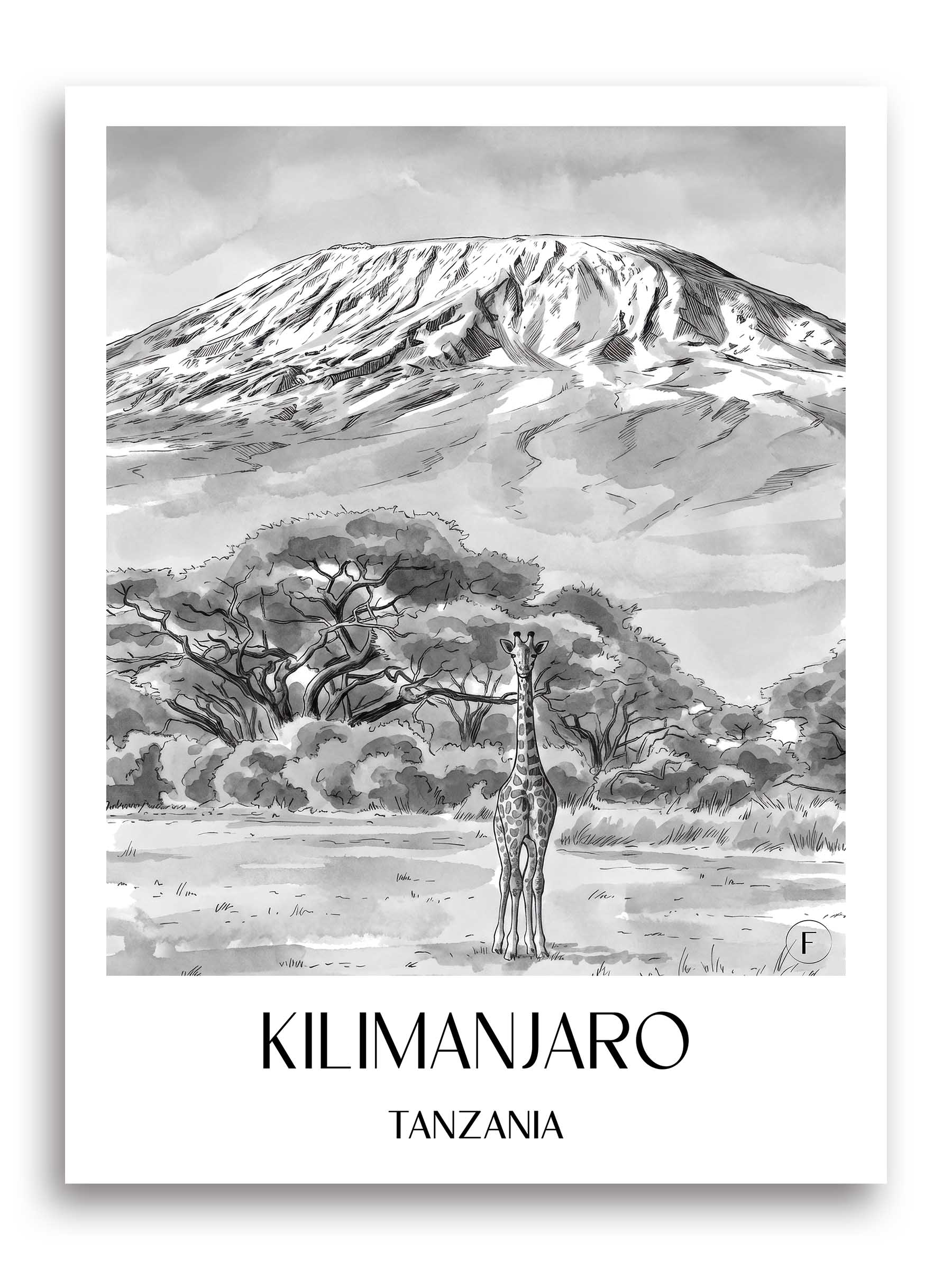 Kilimandscharo Poster - - Tansania Kunstdruck - Aquarell Schwarz-Weiß von A4 bis A1 - favplace