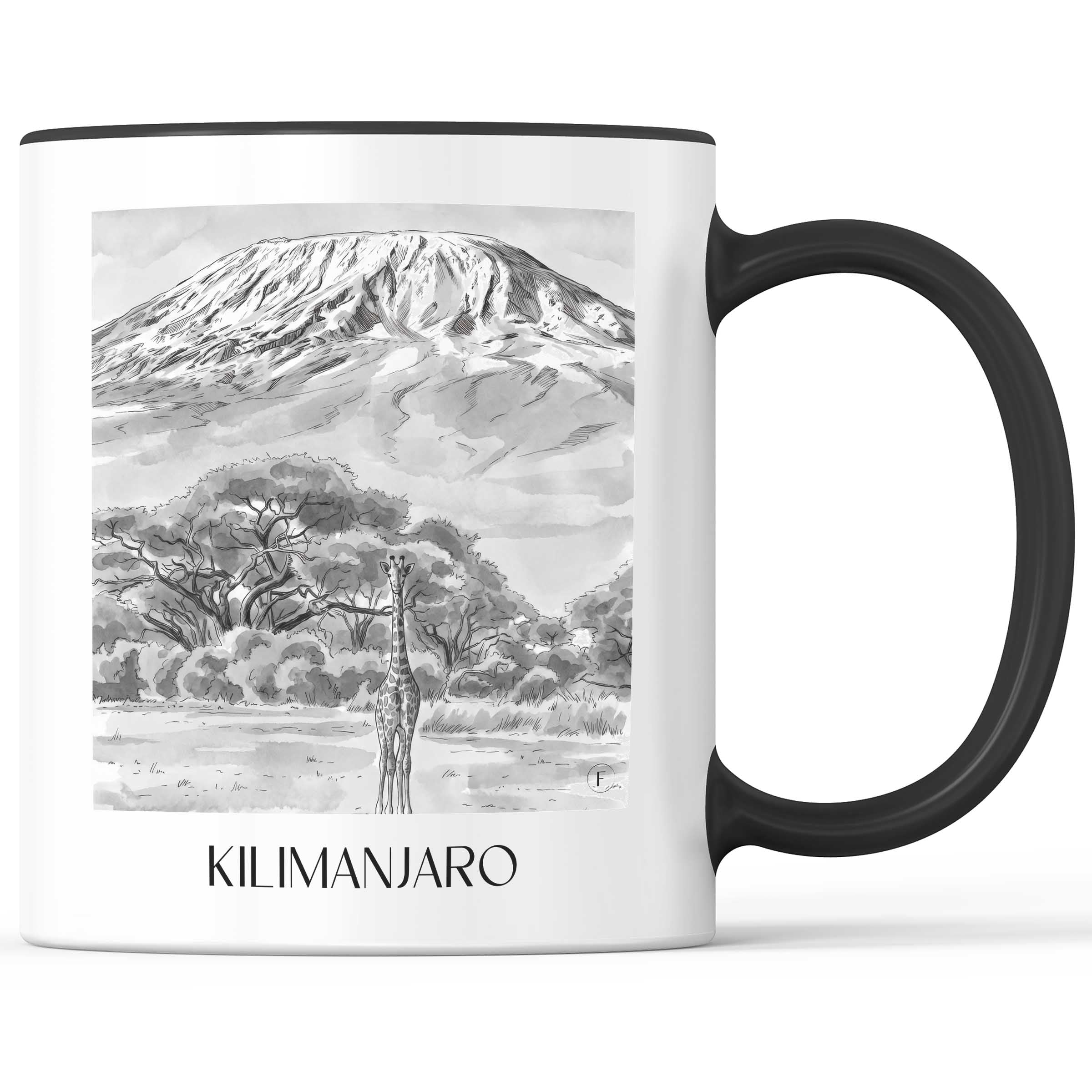 Kilimandscharo - Tansania Becher - Kaffeetasse im Aquarell Schwarz-Weiß Stil - favplace