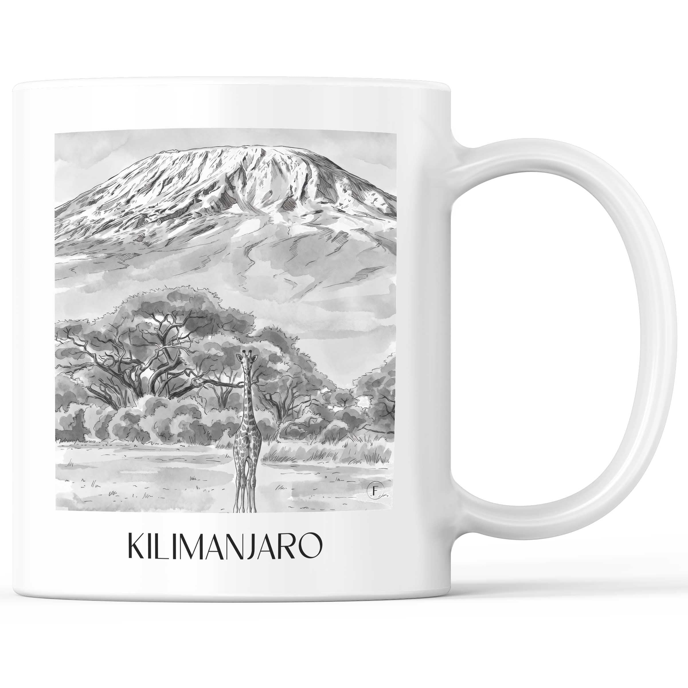 Kilimandscharo - Tansania Becher - Kaffeetasse im Aquarell Schwarz-Weiß Stil - favplace