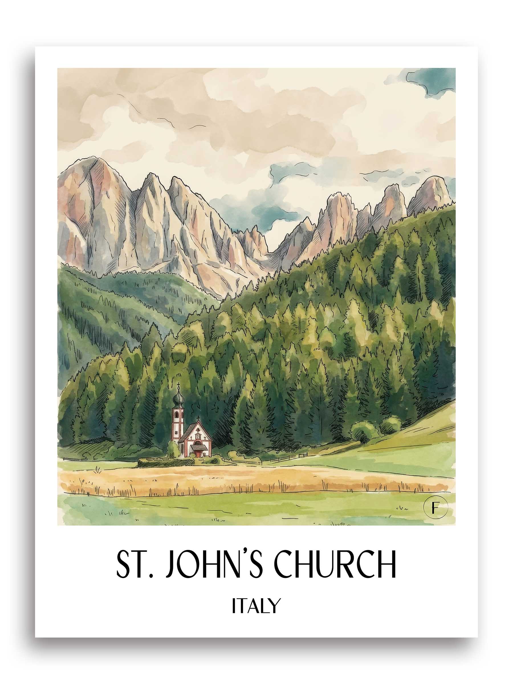 Kirche St. Johann Poster - Ranui - Italien Kunstdruck - Aquarell von A4 bis A1 - favplace