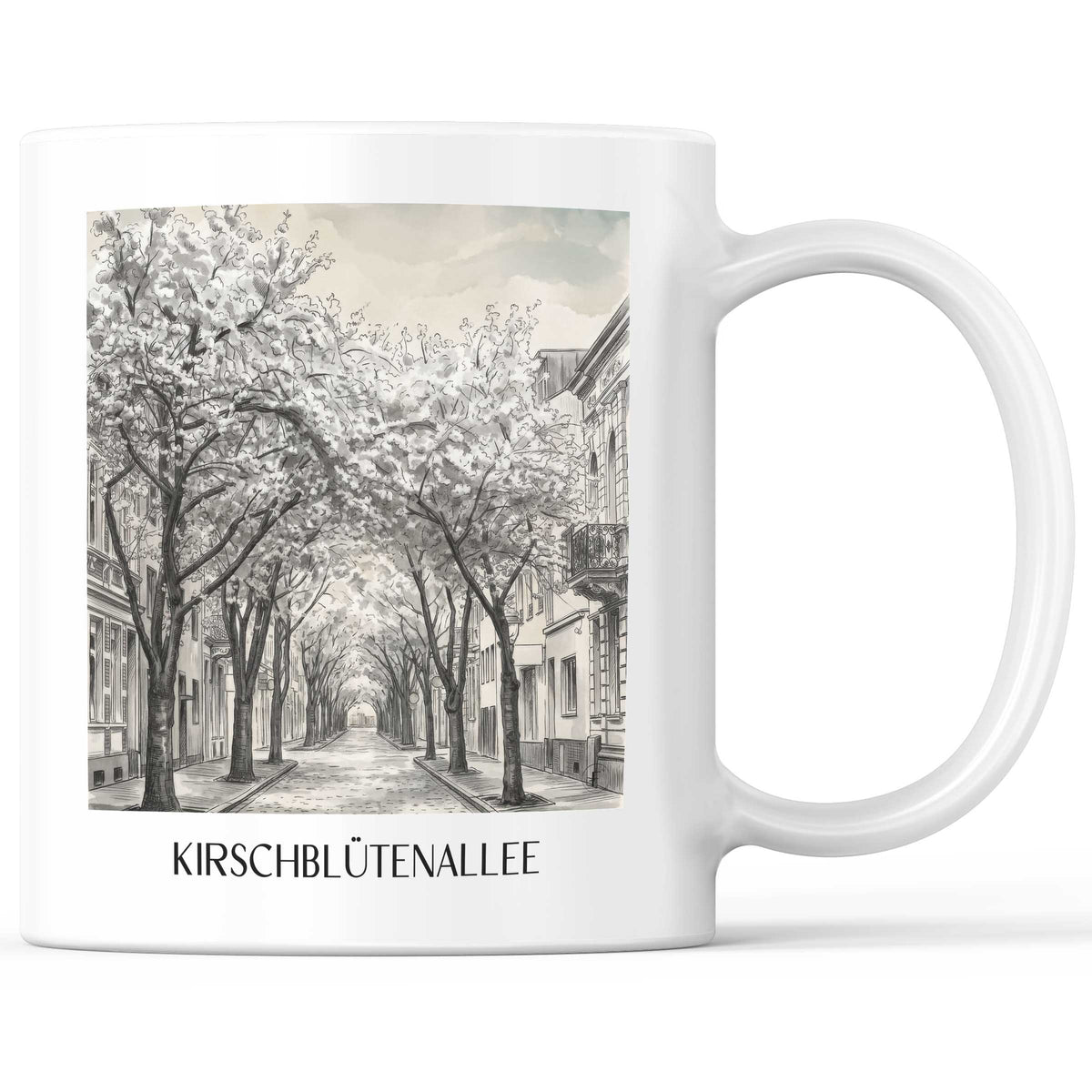 kirschblütenallee-bonn-deutschland-kaffeebecher-aquarell-schwarz-weiss