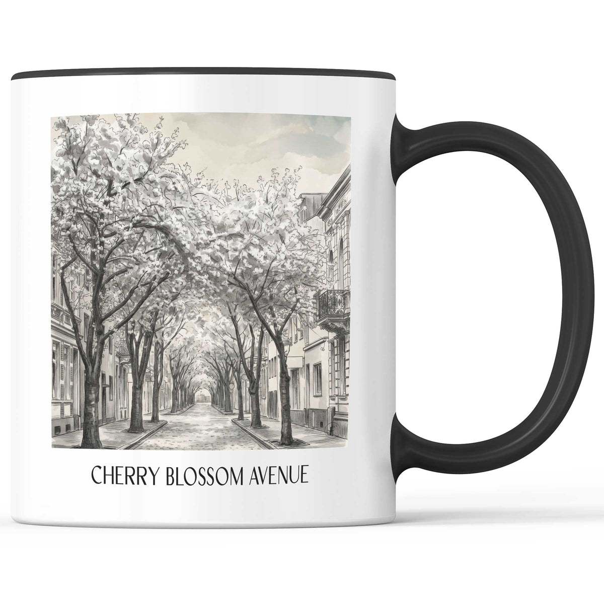 Kirschblütenallee Kaffeebecher - Bonn - Deutschland Becher - Kaffeetasse im Aquarell Schwarz-Weiß Stil - favplace