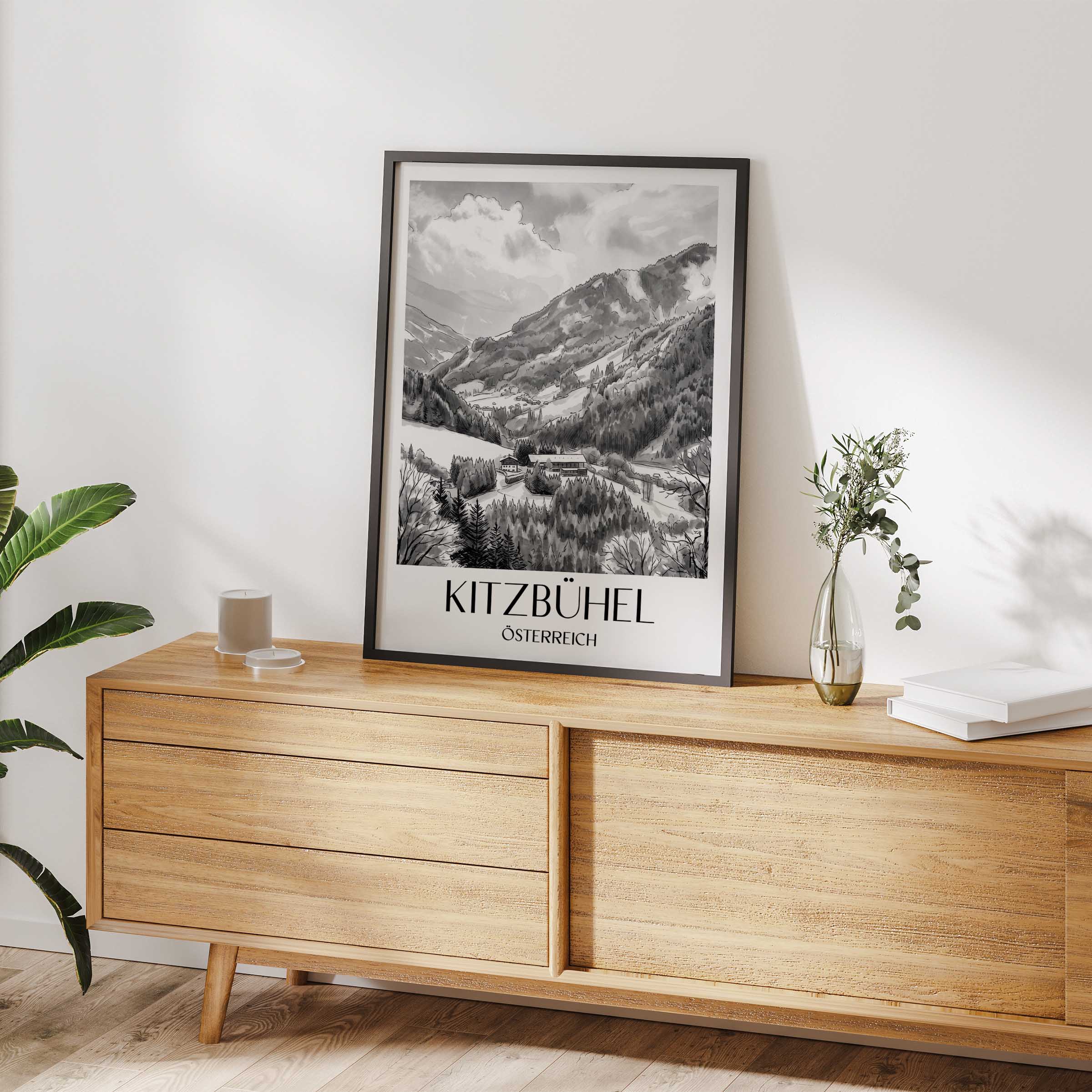 kitzbühel-österreich-poster-aquarell-schwarz-weiss